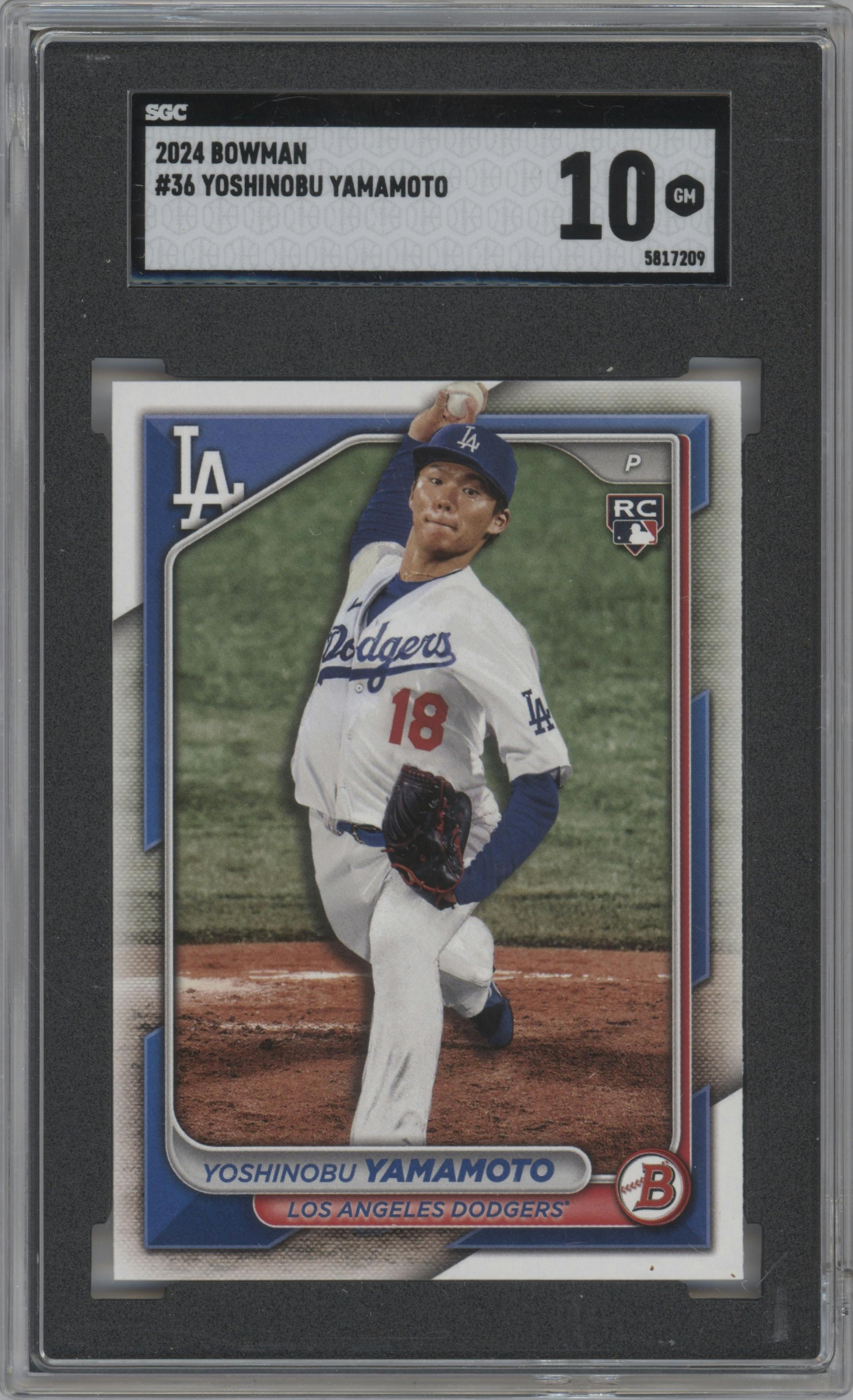 Yoshinobu Yamamoto from the 2024 Bowman set graded by SGC and given an overall grade of 10.