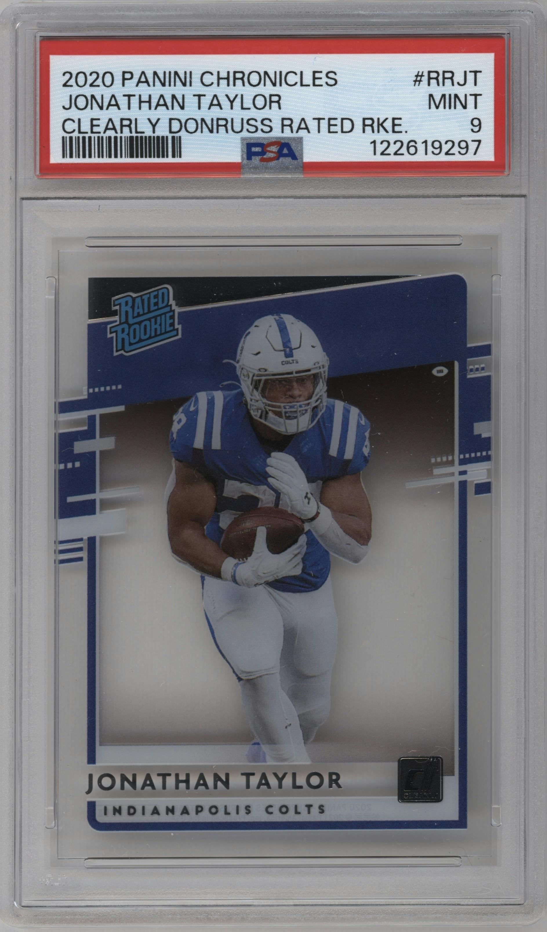 Jonathan Taylor from the 2020 Panini Chronicles set graded by PSA and given an overall grade of 9.