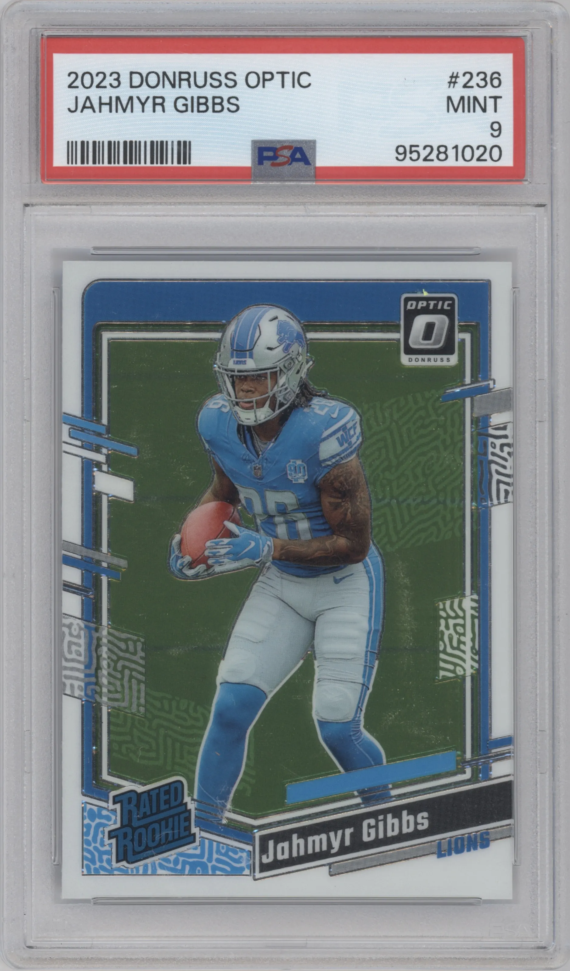 Jahmyr Gibbs from the 2023 Donruss Optic set graded by PSA and given an overall grade of 9.