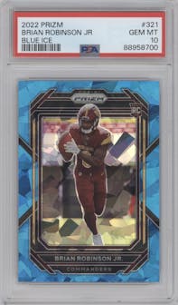 Brian Robinson Jr. from the 2022 Panini Prizm set featuring a Blue Ice parallel graded by PSA and given an overall grade of 10.