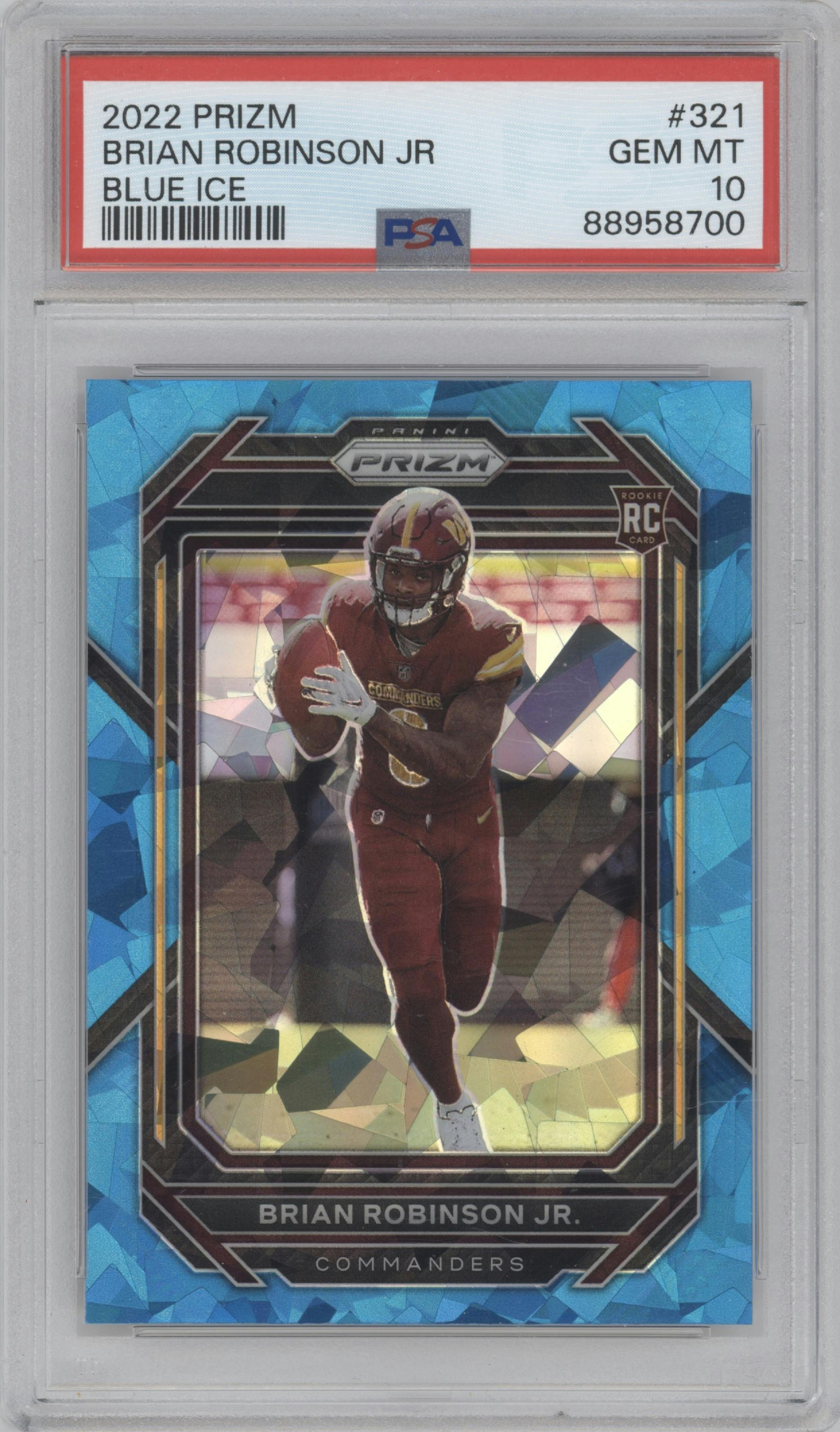 Brian Robinson Jr. from the 2022 Panini Prizm set featuring a Blue Ice parallel graded by PSA and given an overall grade of 10.