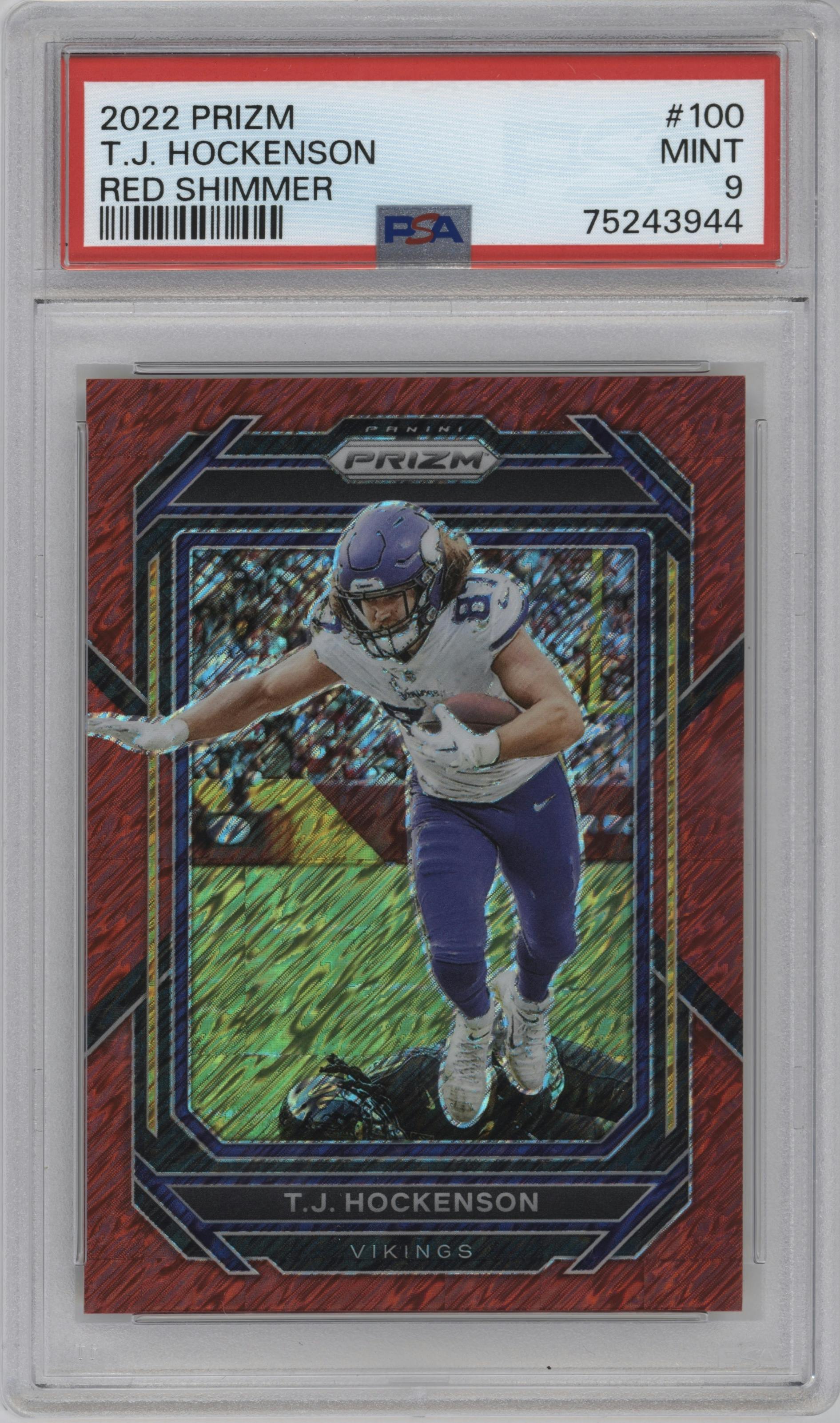 T.J. Hockenson from the 2022 Panini Prizm set featuring a  Red Shimmer  parallel graded by PSA and given an overall grade of 9.