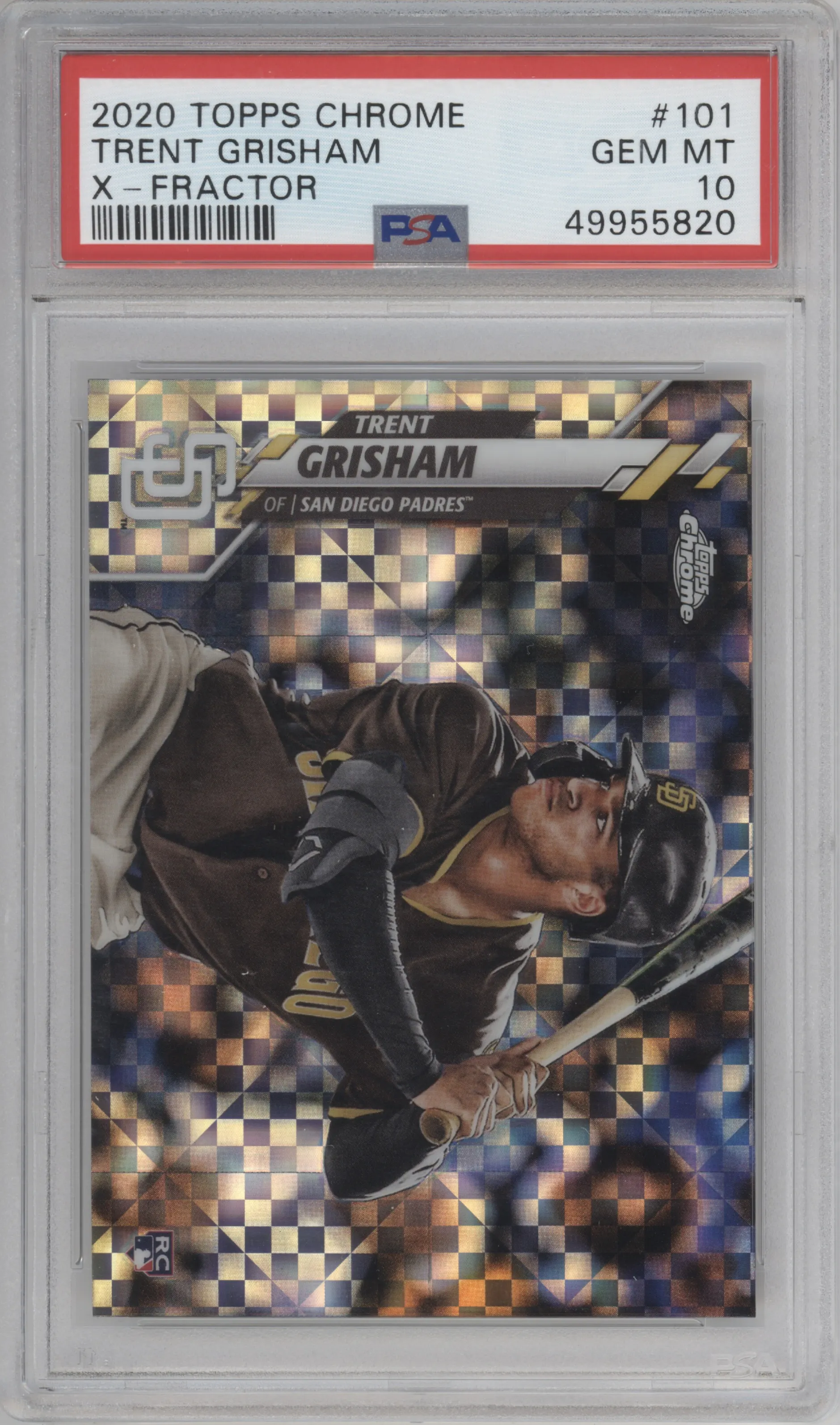 Trent Grisham from the 2020 Topps Chrome set featuring a X-Fractor parallel graded by PSA and given an overall grade of 10.