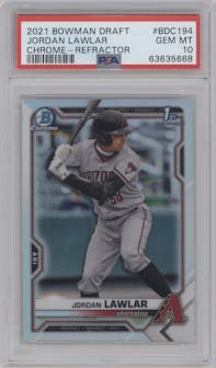 Jordan Lawlar from the 2021 Bowman Draft set featuring a Refractor parallel graded by PSA and given an overall grade of 10.