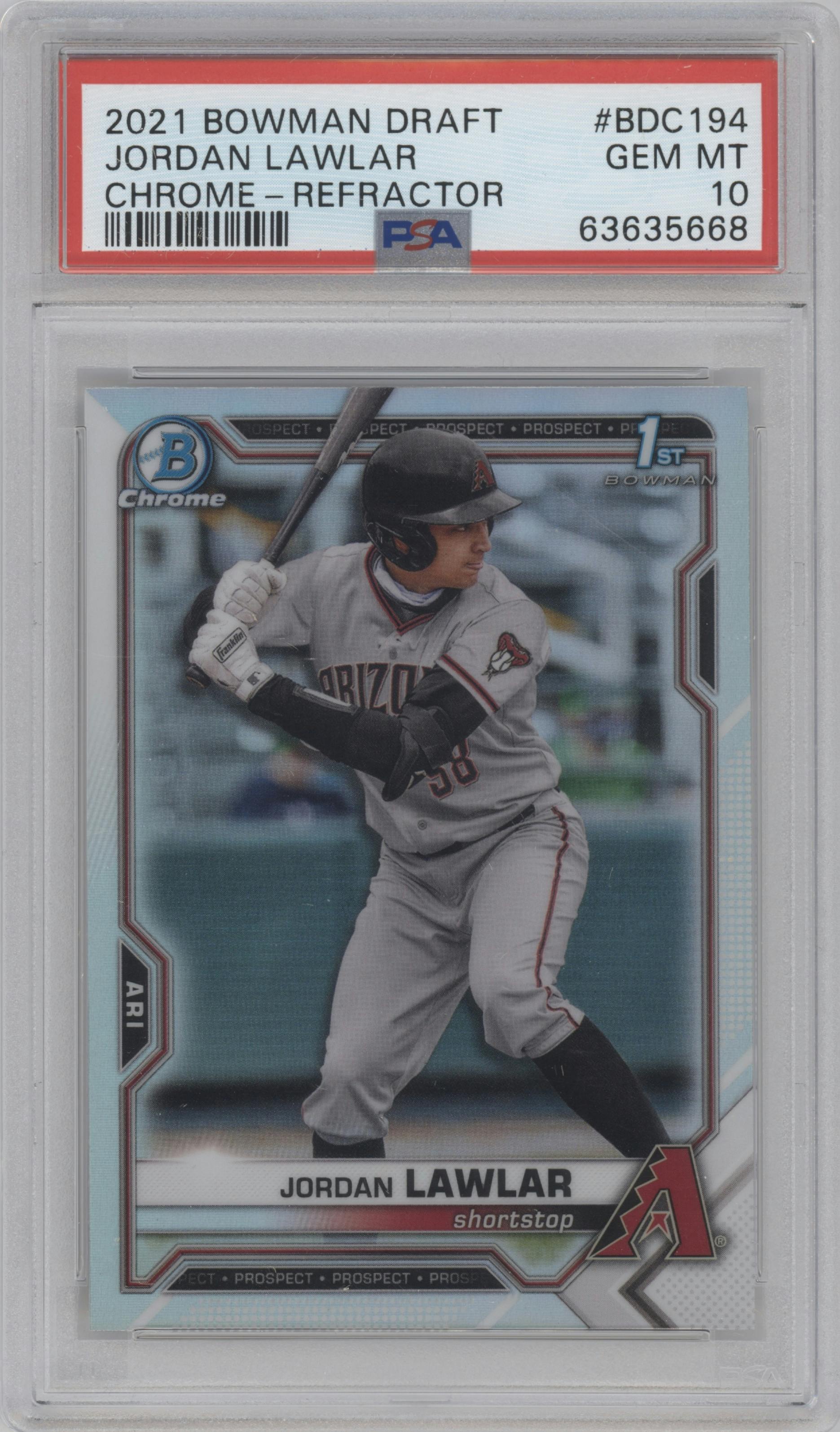Jordan Lawlar from the 2021 Bowman Draft set featuring a Refractor parallel graded by PSA and given an overall grade of 10.