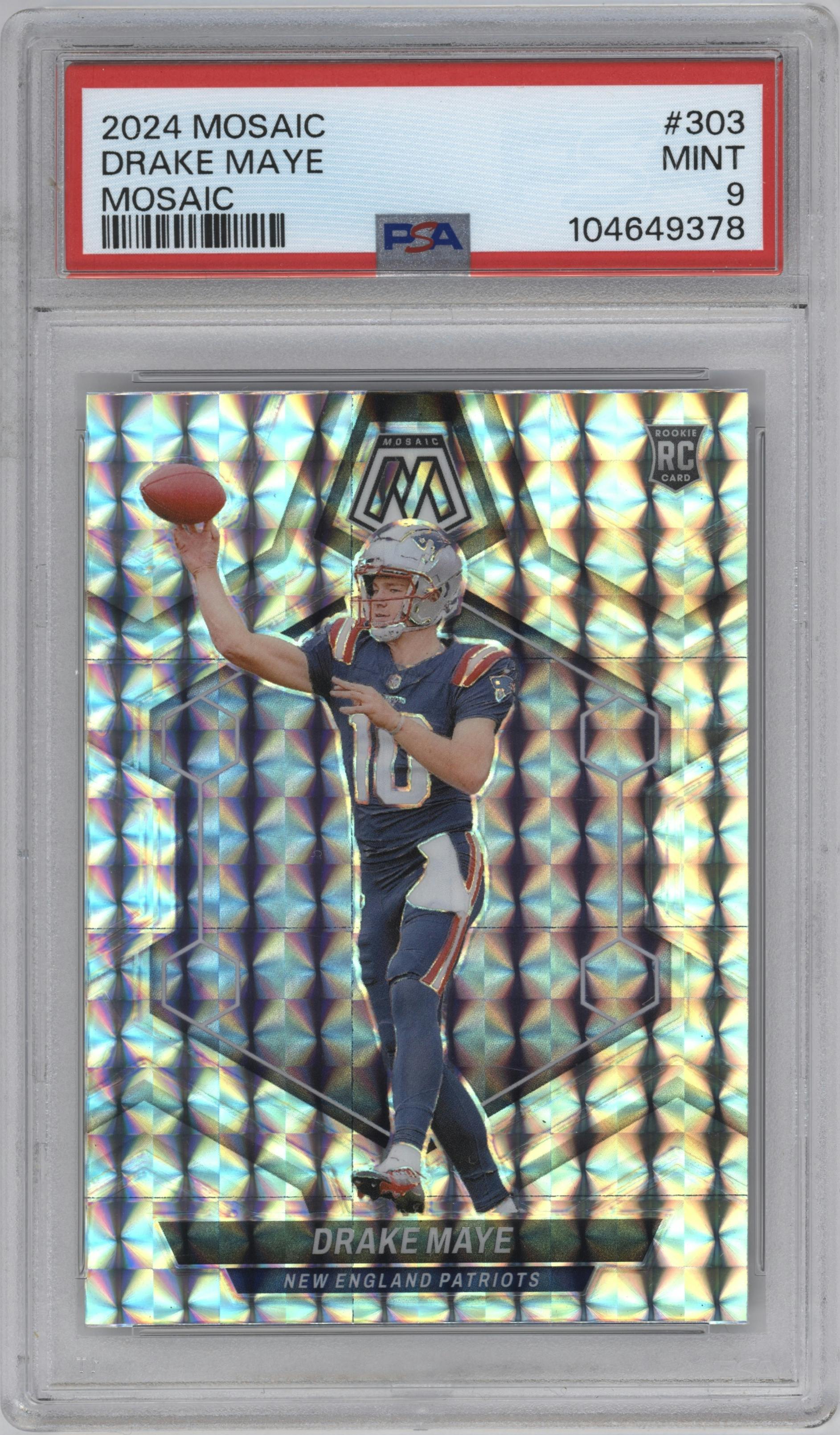 Drake Maye from the 2024 Panini Mosaic set featuring a Mosaic parallel graded by PSA and given an overall grade of 9.