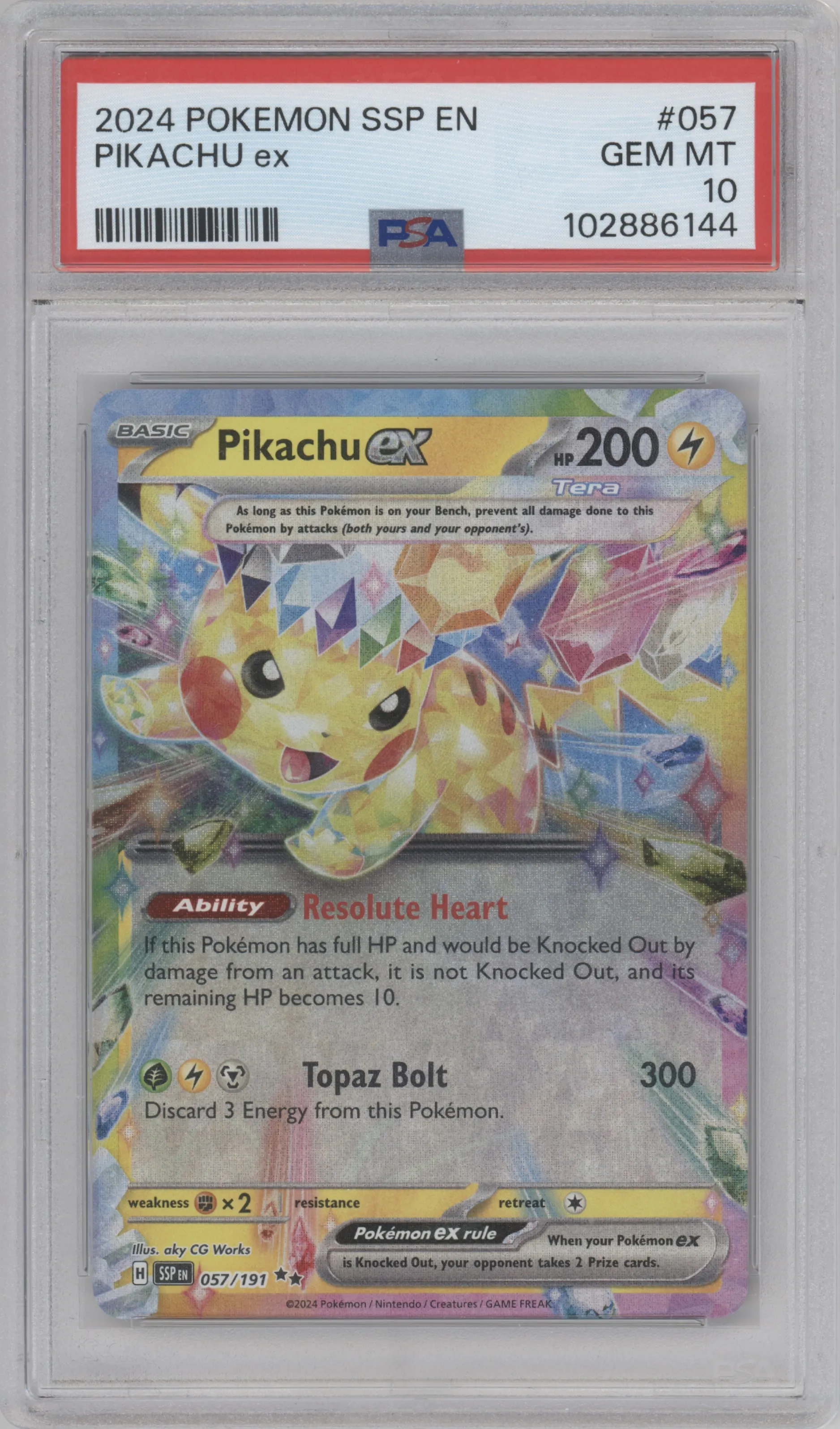 Pikachu ex from the 2024 Pokemon SV set graded by PSA and given an overall grade of 10.
