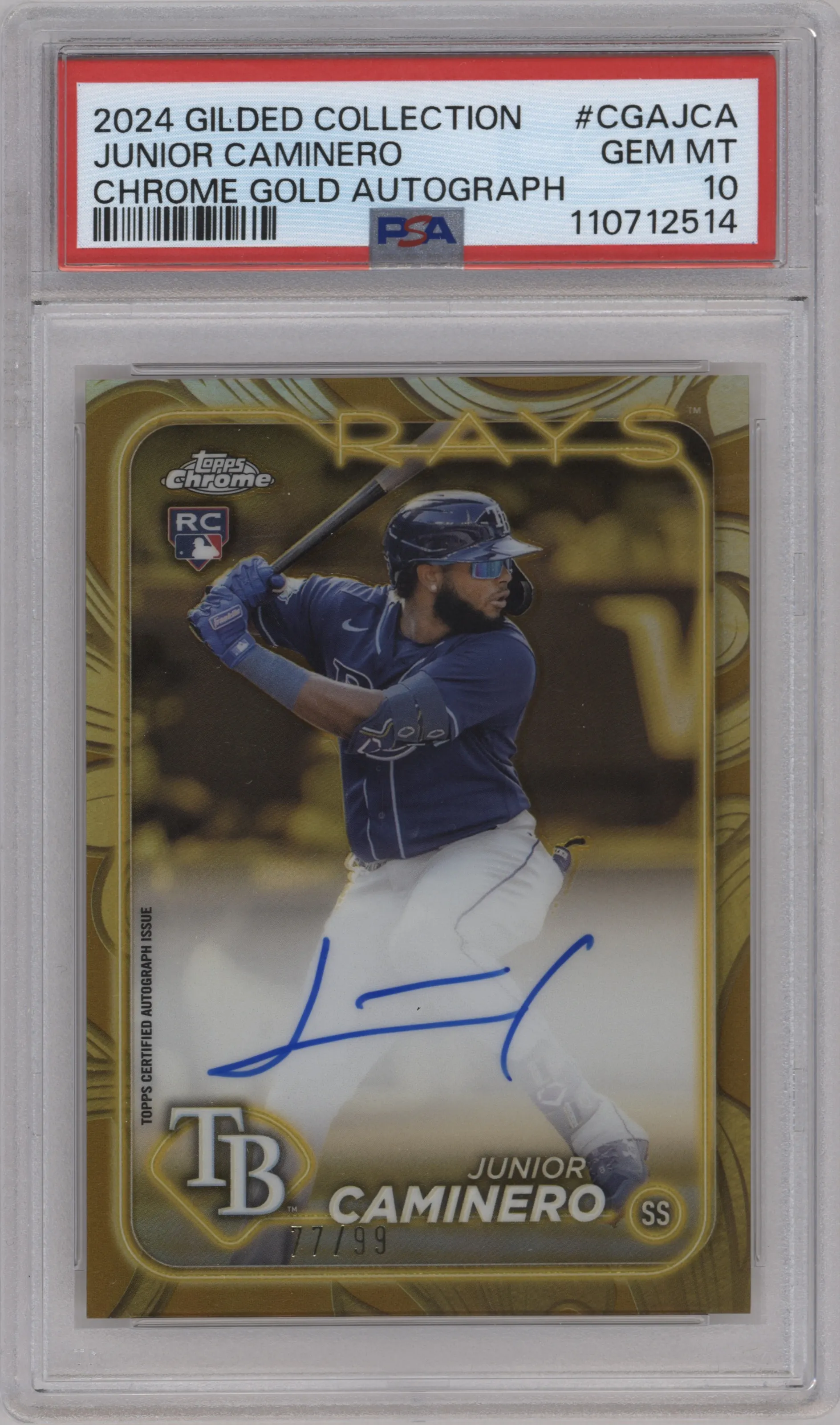 Junior Caminero from the 2024 Topps Gilded Collection set graded by PSA and given an overall grade of 10.