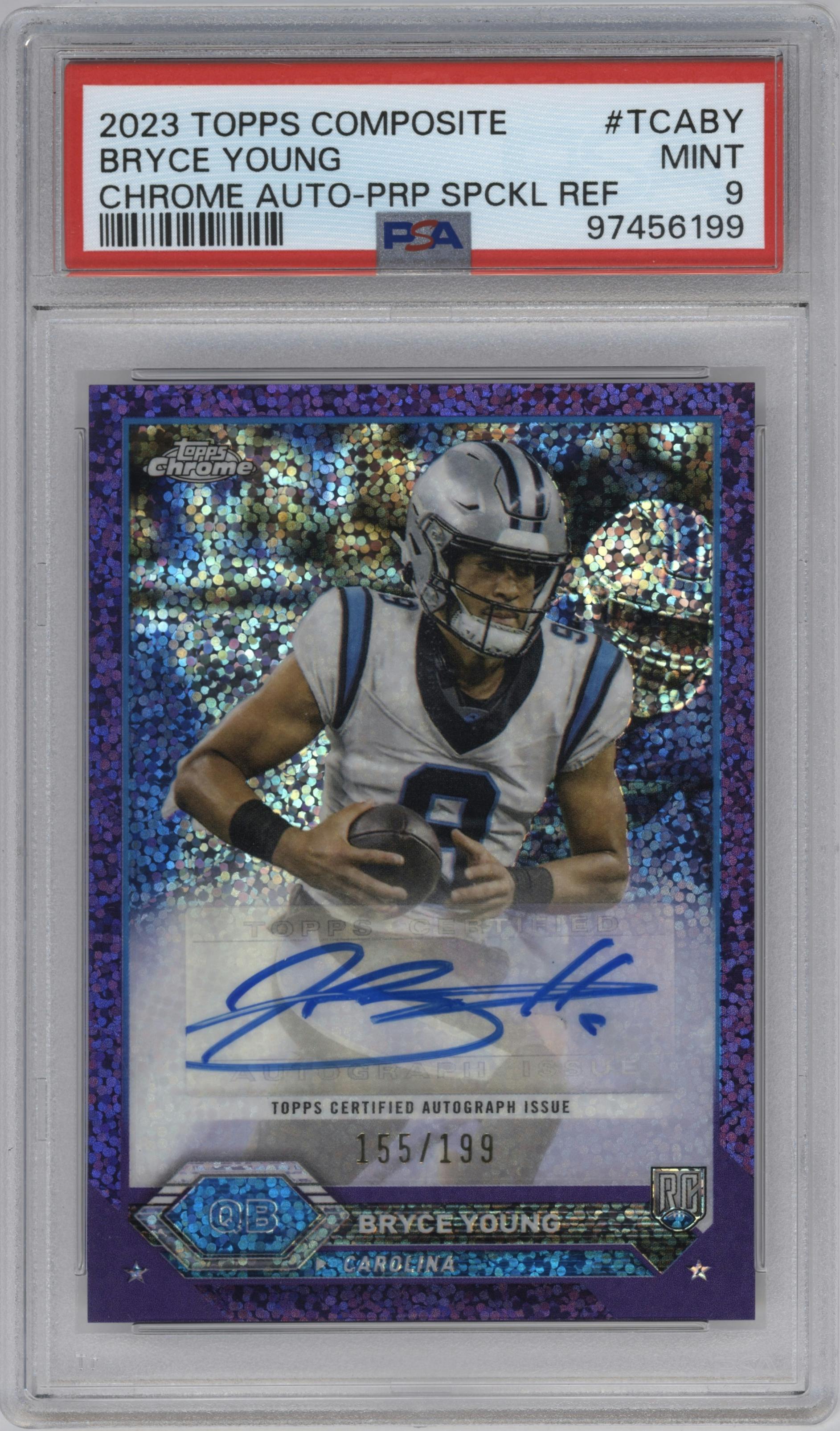 Bryce Young from the 2023 Topps Composite set featuring a Purple Speckle Refractor parallel graded by PSA and given an overall grade of 9.