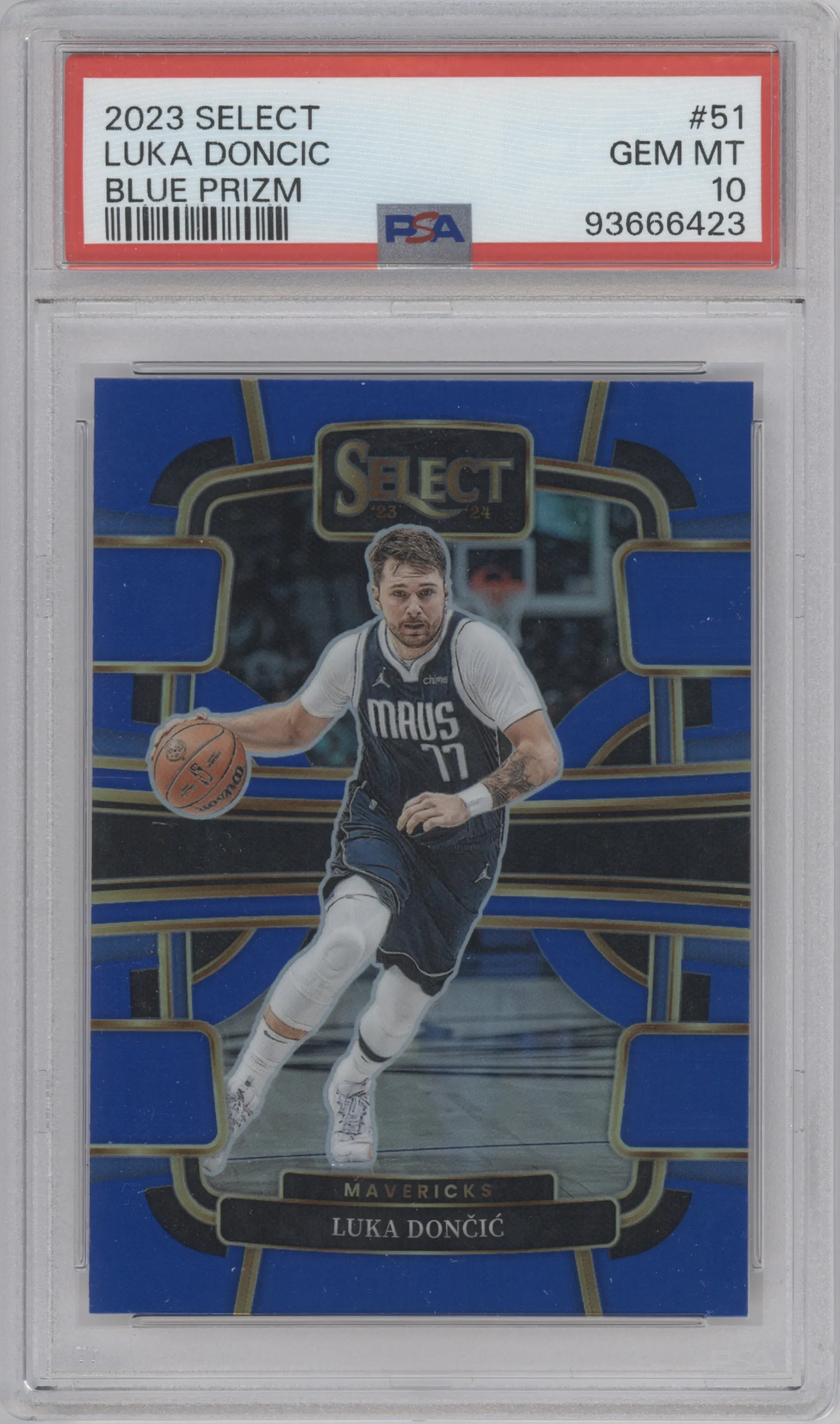 Luka Doncic from the 2023-24 Panini Select  set featuring a Blue Prizm parallel graded by PSA and given an overall grade of 10.