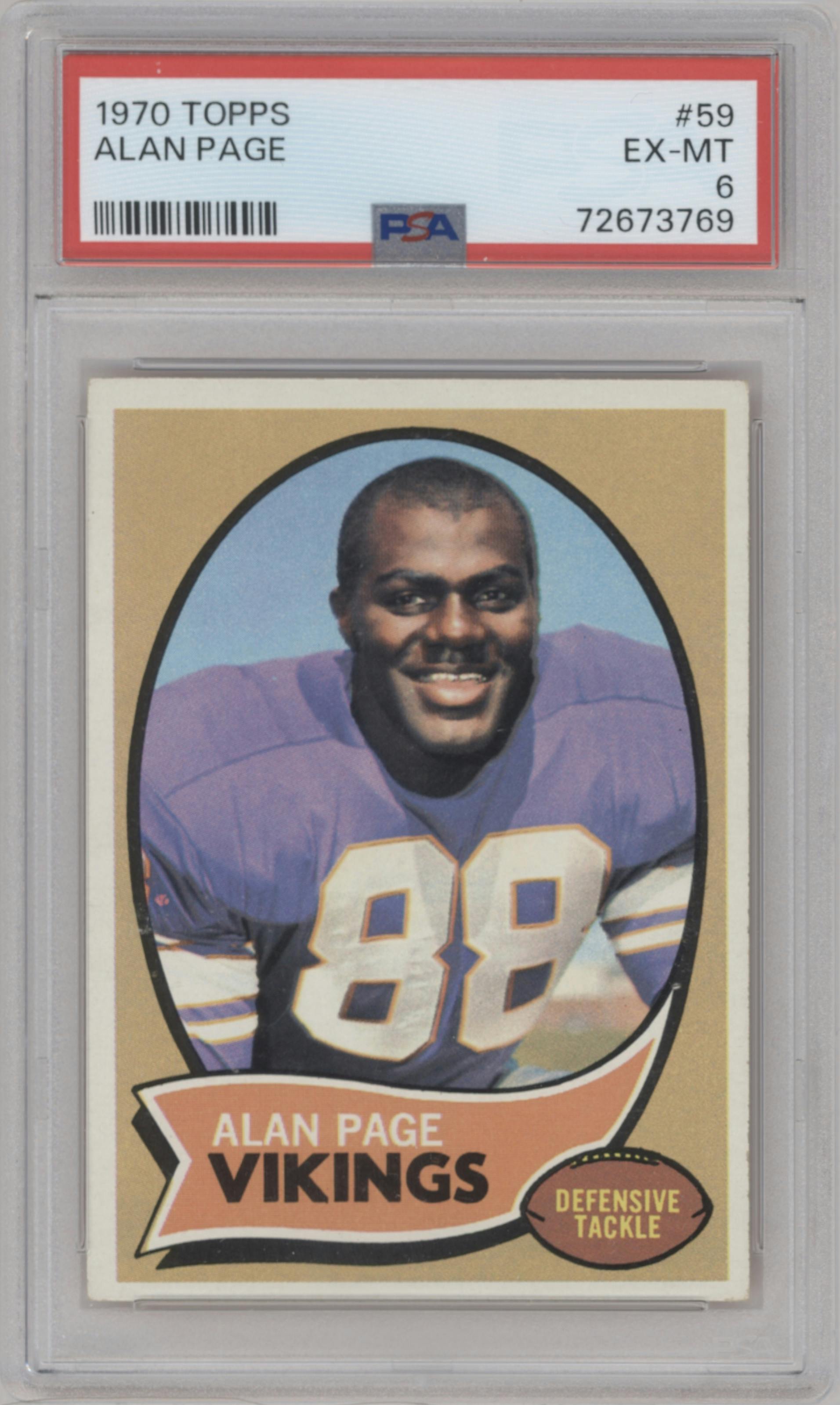 Alan Page from the 1970 Topps set graded by PSA and given an overall grade of 6.