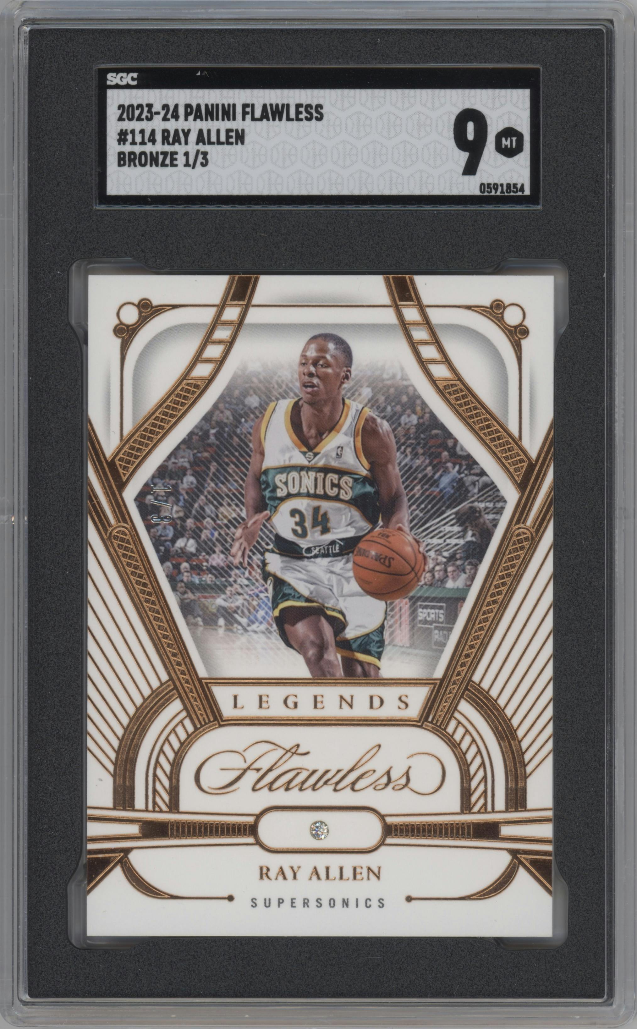 Ray Allen from the 2023-24 Panini Flawless set featuring a Bronze parallel graded by SGC and given an overall grade of 9.