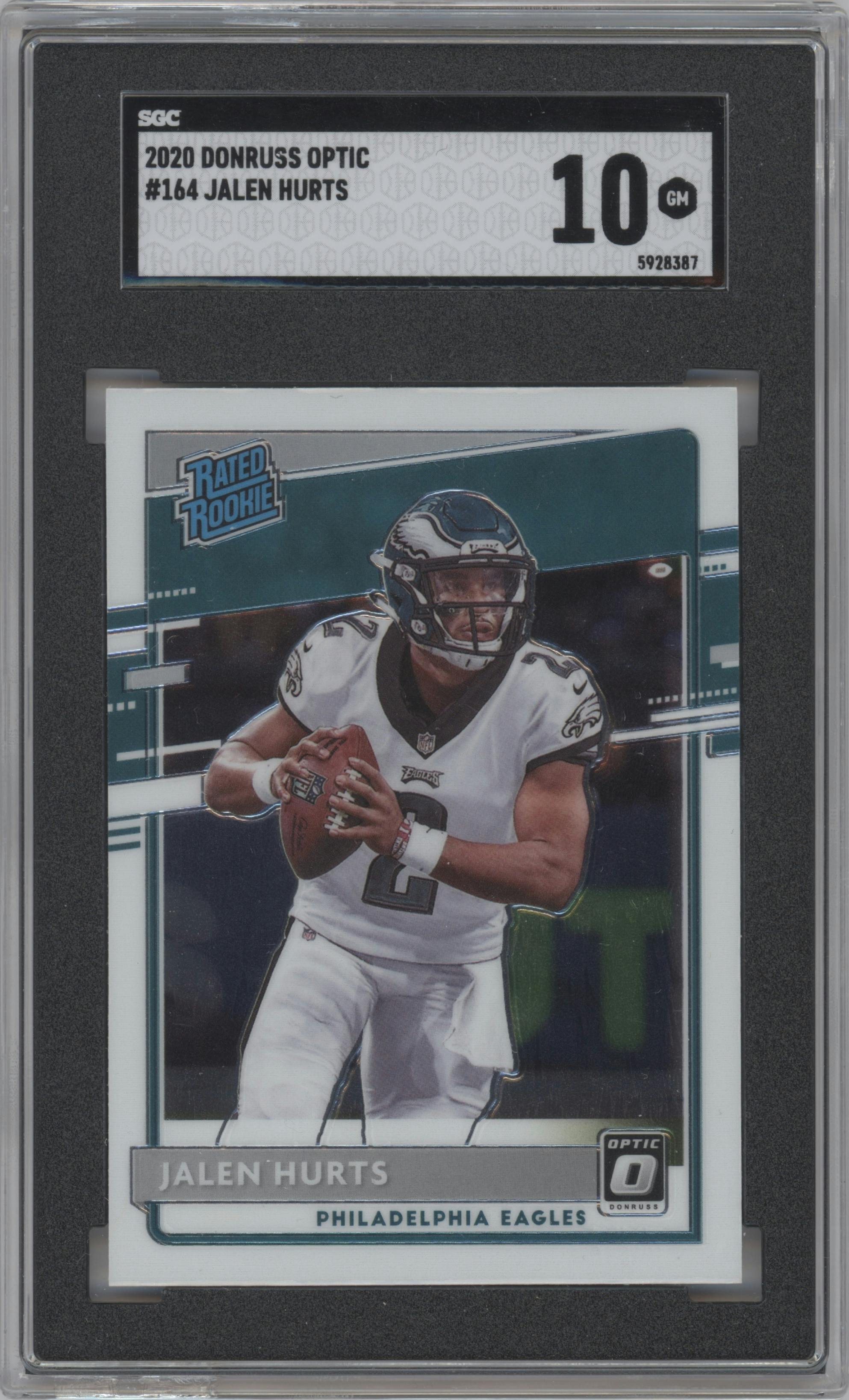 Jalen Hurts from the 2020 Panini Donruss Optic set graded by SGC and given an overall grade of 10.
