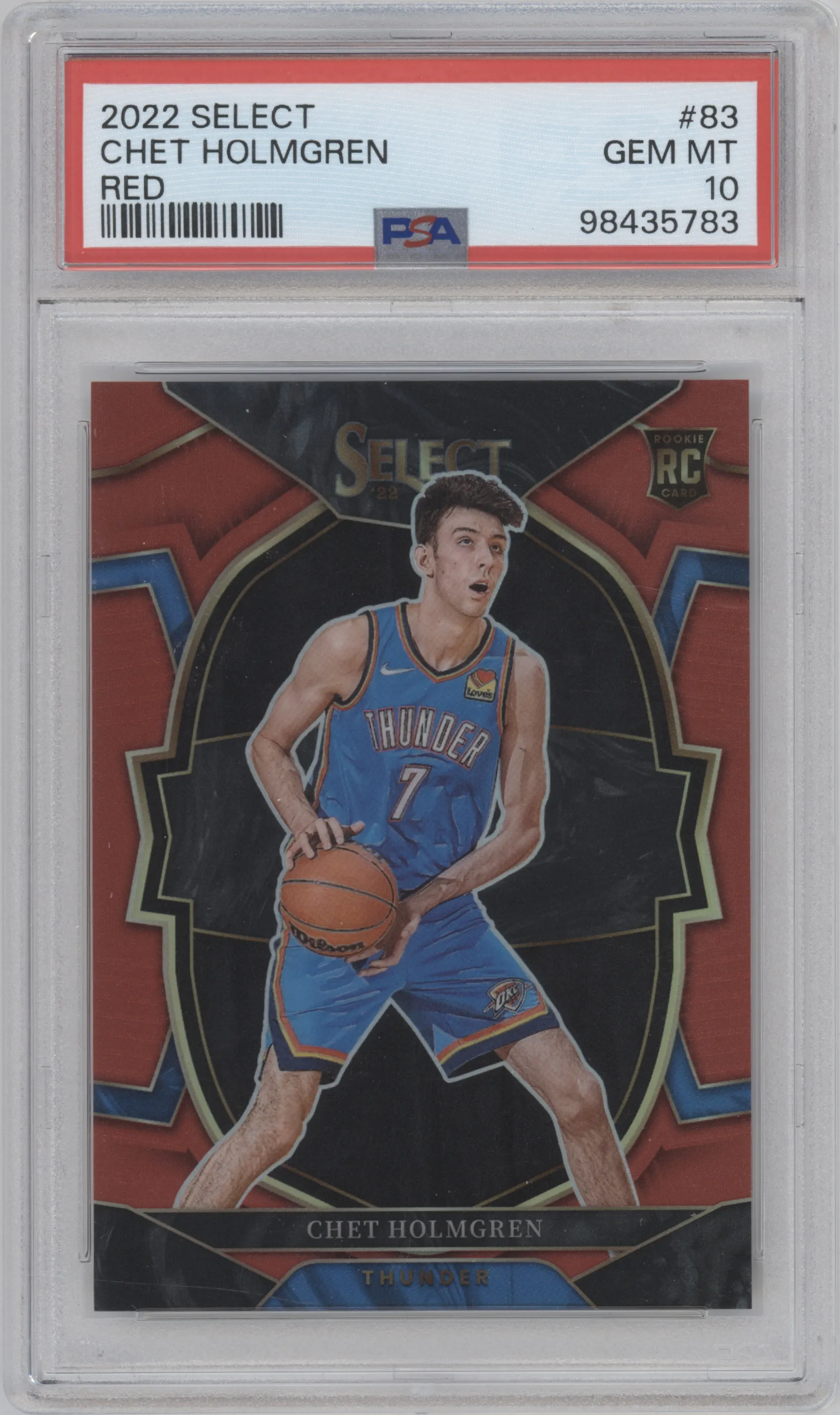 Chet Holmgren from the 2022-23 Panini Select set featuring a Red Prizm parallel graded by PSA and given an overall grade of 10.