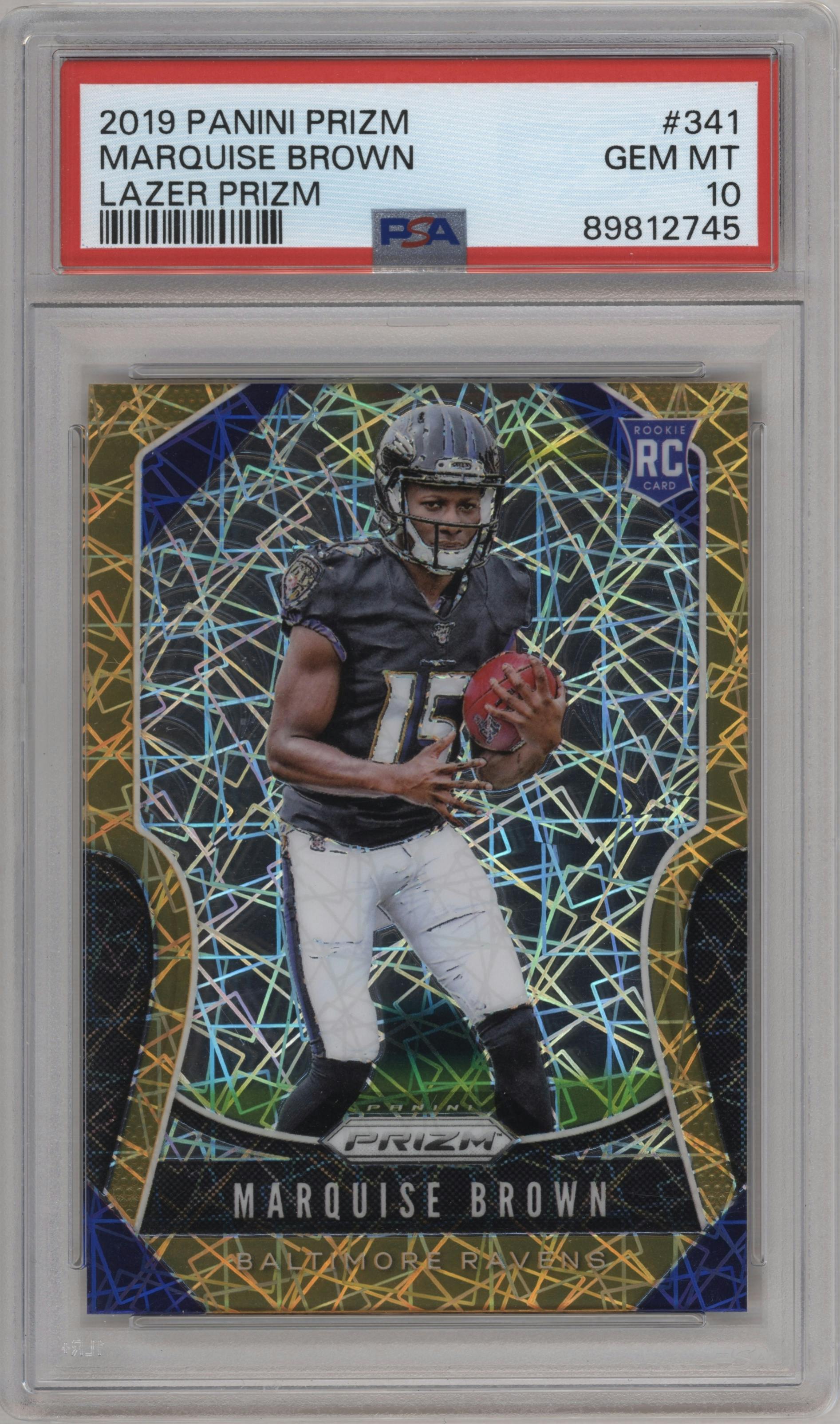 Marquise Brown from the 2019 Panini Prizm set featuring a Lazer Prizm parallel graded by PSA and given an overall grade of 10.