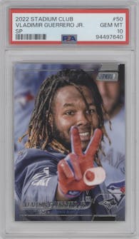 Vladimir Guerrero Jr. from the 2022 Topps Stadium Club set graded by PSA and given an overall grade of 10.