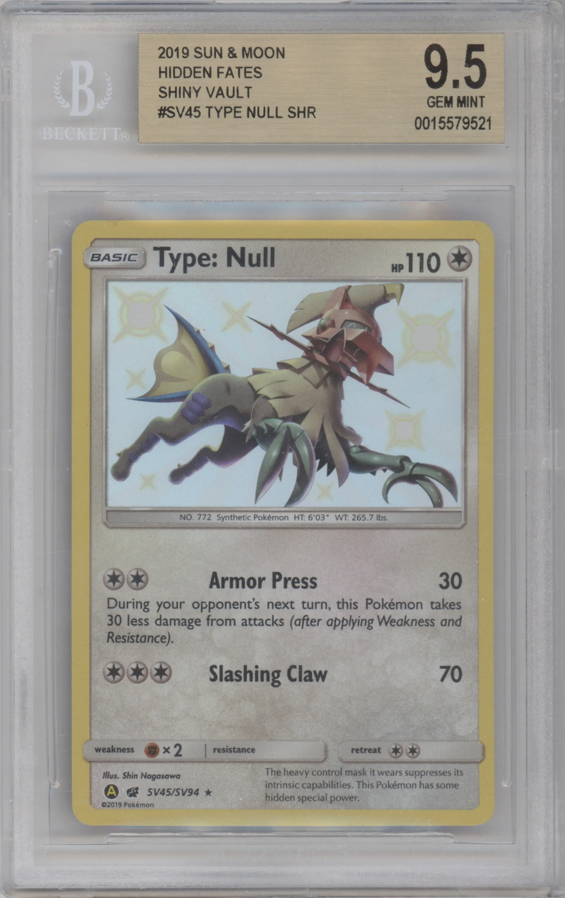 Type: Null from the 2019 Pokemon S&M  set graded by Beckett and given an overall grade of 9.5.
