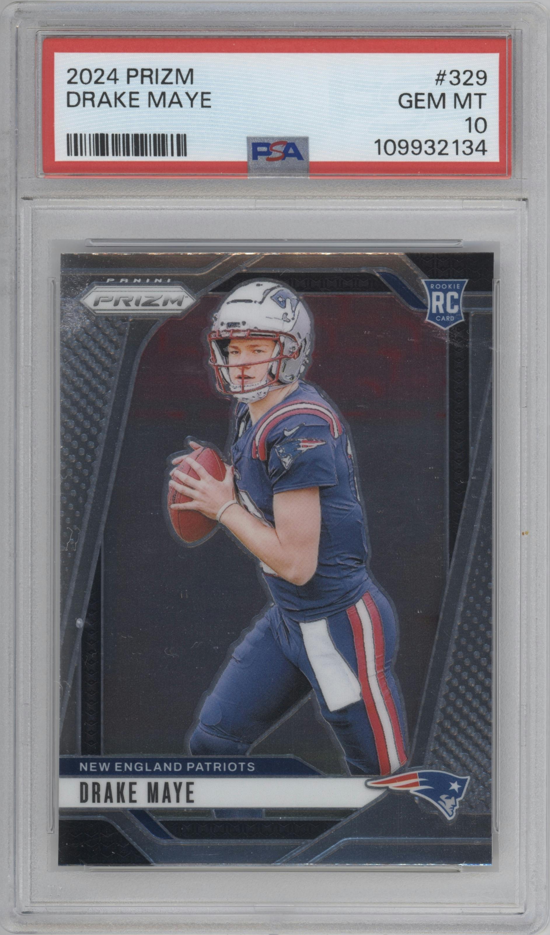Drake Maye from the 2024 Panini Prizm set graded by PSA and given an overall grade of 10.