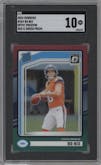 Bo Nix from the 2024 Donruss set featuring a Red and Green parallel graded by SGC and given an overall grade of 10.