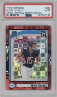 Rome Odunze from the 2024 Donruss set featuring a Red Pandora parallel graded by PSA and given an overall grade of 9.
