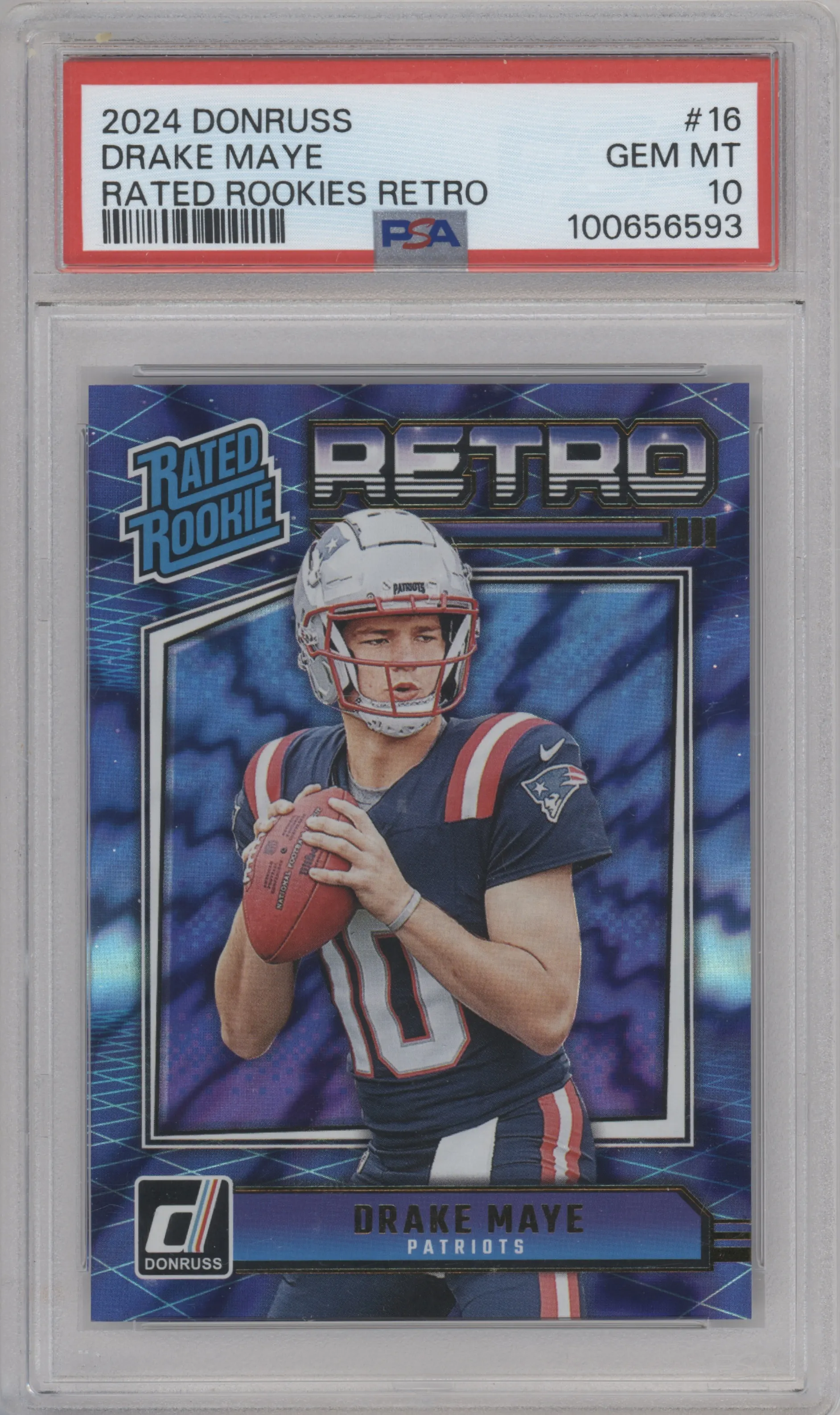 Drake Maye from the 2024 Donruss set graded by PSA and given an overall grade of 10.