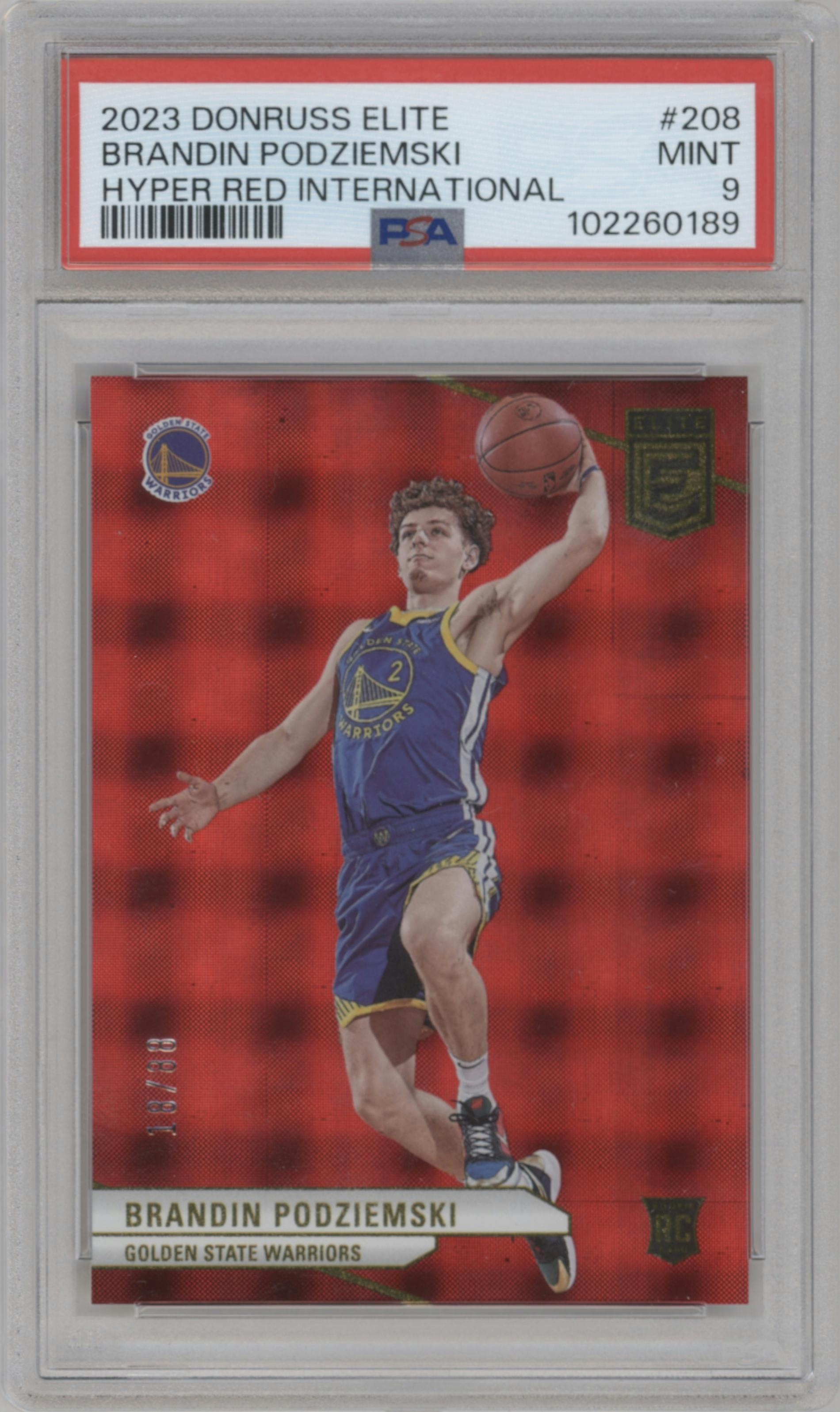 Brandin Podziemski from the 2023-24 Panini Donruss Elite set featuring a International Hyper Red parallel graded by PSA and given an overall grade of 9.