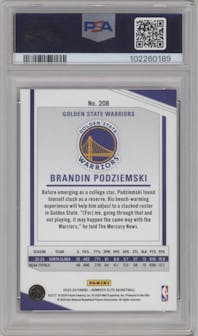 Brandin Podziemski from the 2023-24 Panini Donruss Elite set featuring a International Hyper Red parallel graded by PSA and given an overall grade of 9.