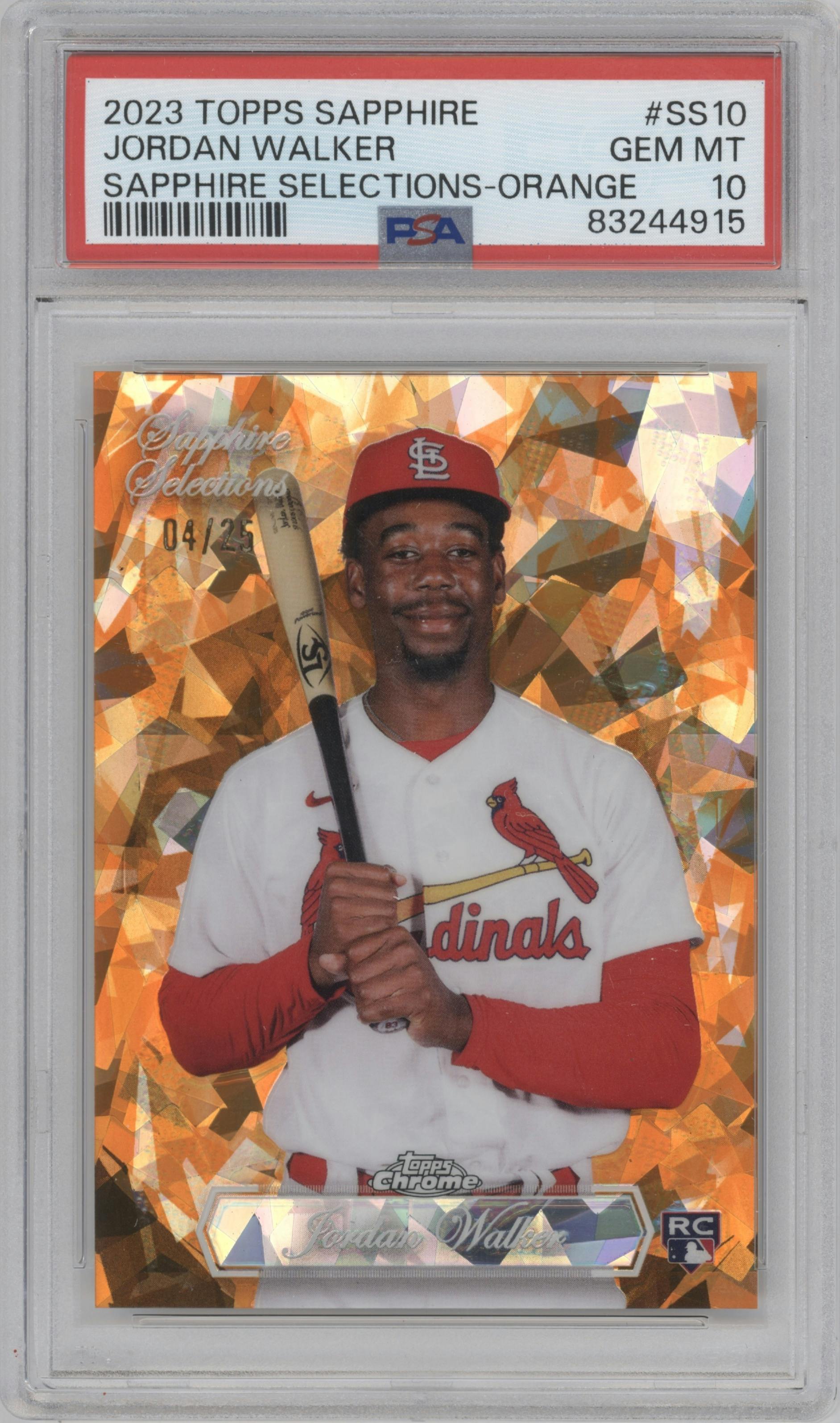 Jordan Walker from the 2023 Topps Chrome Sapphire set featuring a Orange parallel graded by PSA and given an overall grade of 10.