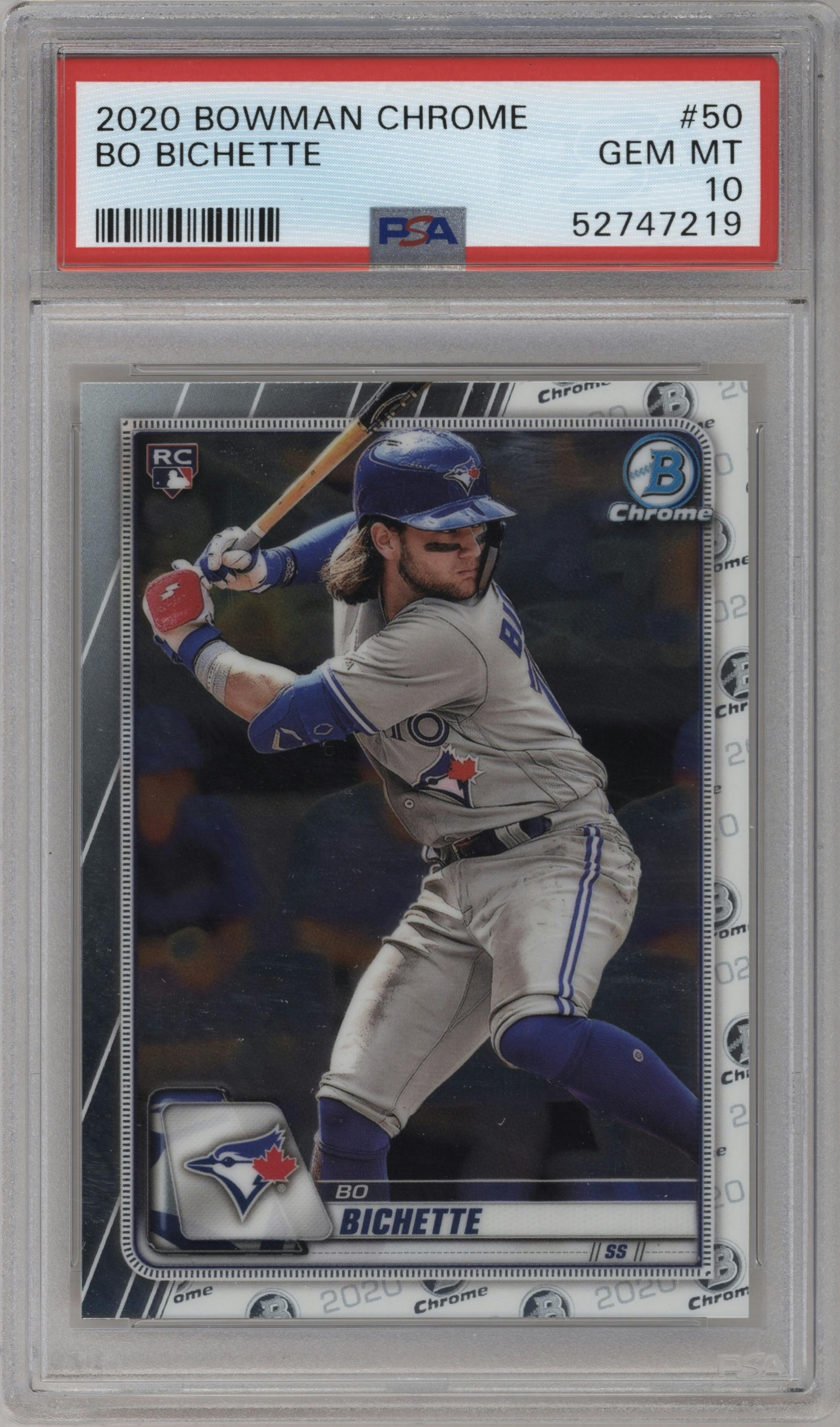 Bo Bichette from the 2020 Bowman Chrome set graded by PSA and given an overall grade of 10.