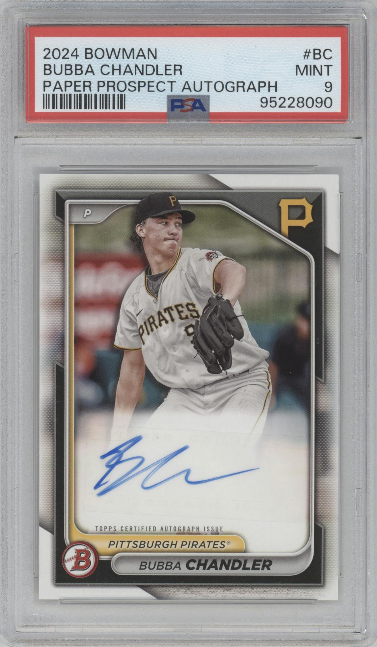 Bubba Chandler from the 2024 Bowman set graded by PSA and given an overall grade of 9.