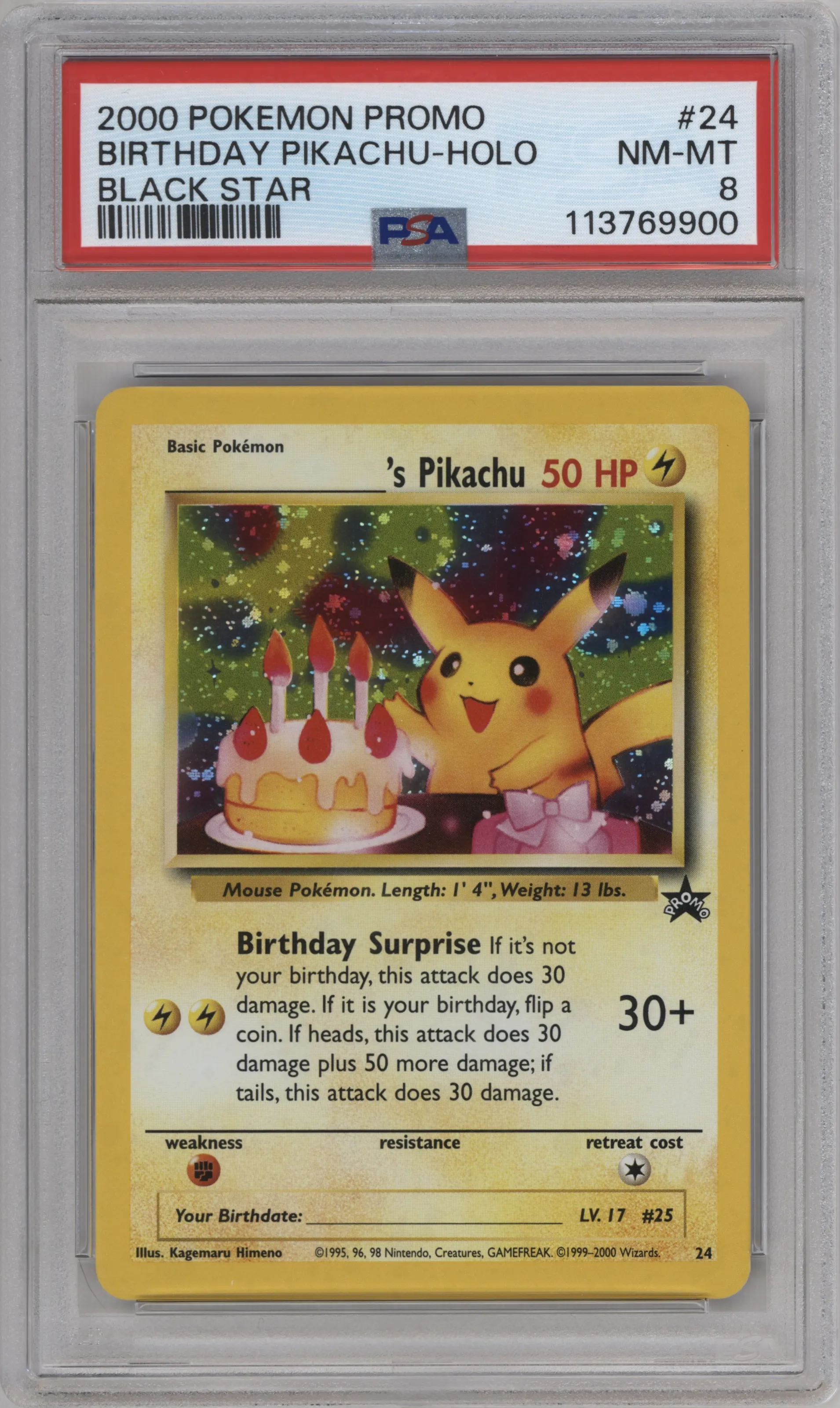 _____'s Pikachu from the 2000 Pokemon set featuring a Wizards Mail Giveaway parallel graded by PSA and given an overall grade of 8.