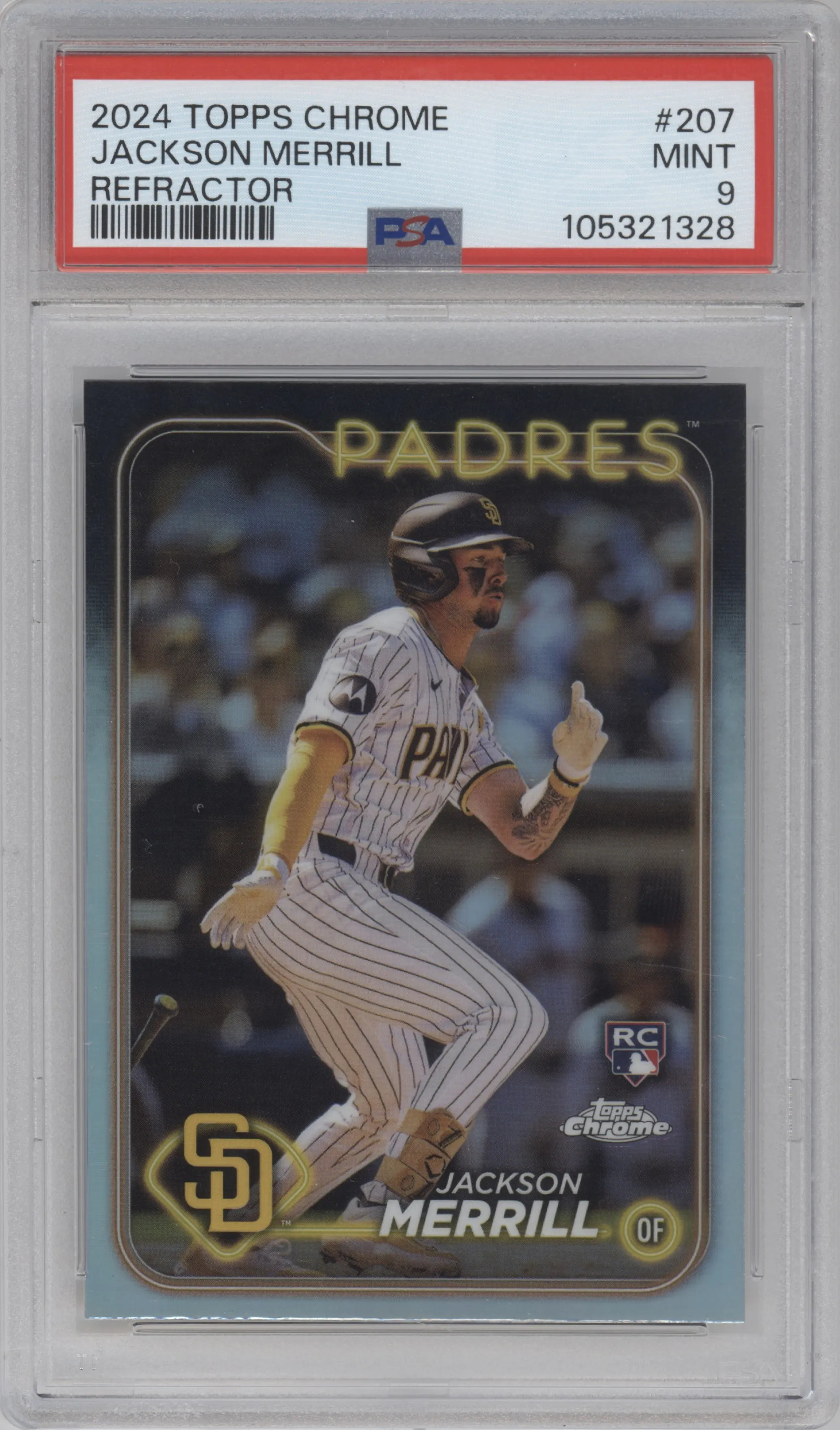Jackson Merrill from the 2024 Topps Chrome set featuring a Refractor parallel graded by PSA and given an overall grade of 9.