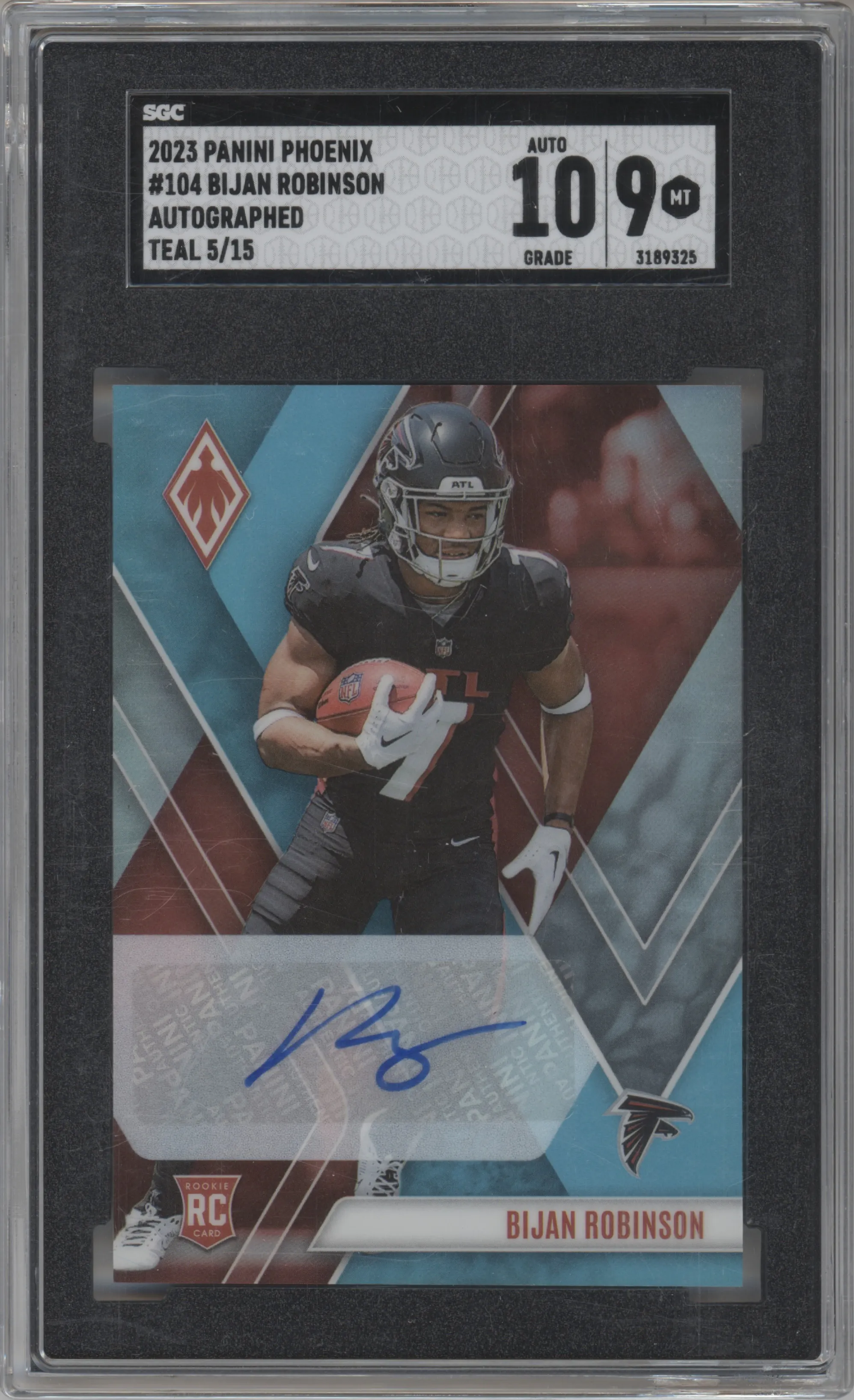 Bijan Robinson from the 2023 Panini Phoenix set featuring a Blue Ice parallel graded by SGC and given an overall grade of 9.