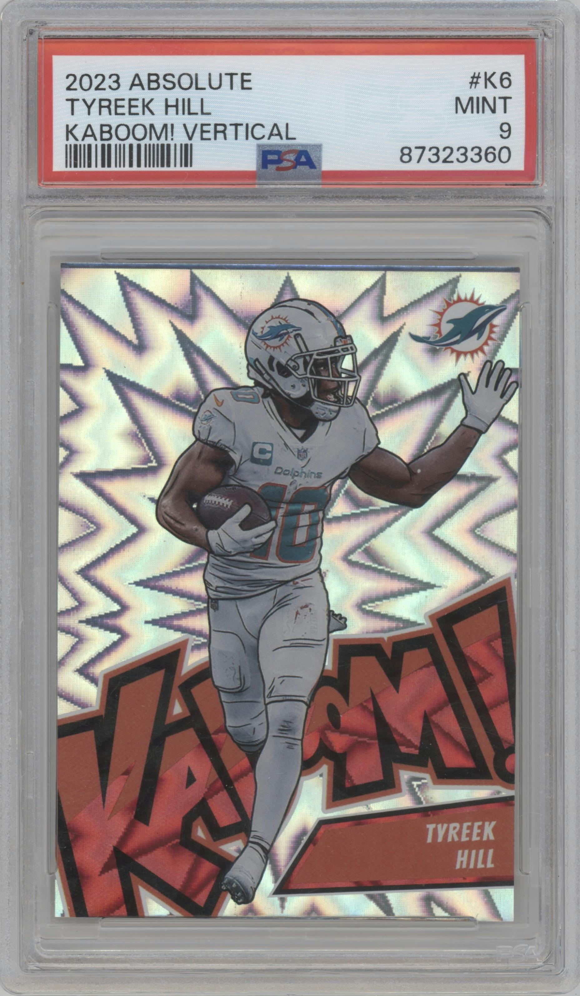 Tyreek Hill from the 2023 Panini Absolute set graded by PSA and given an overall grade of 9.