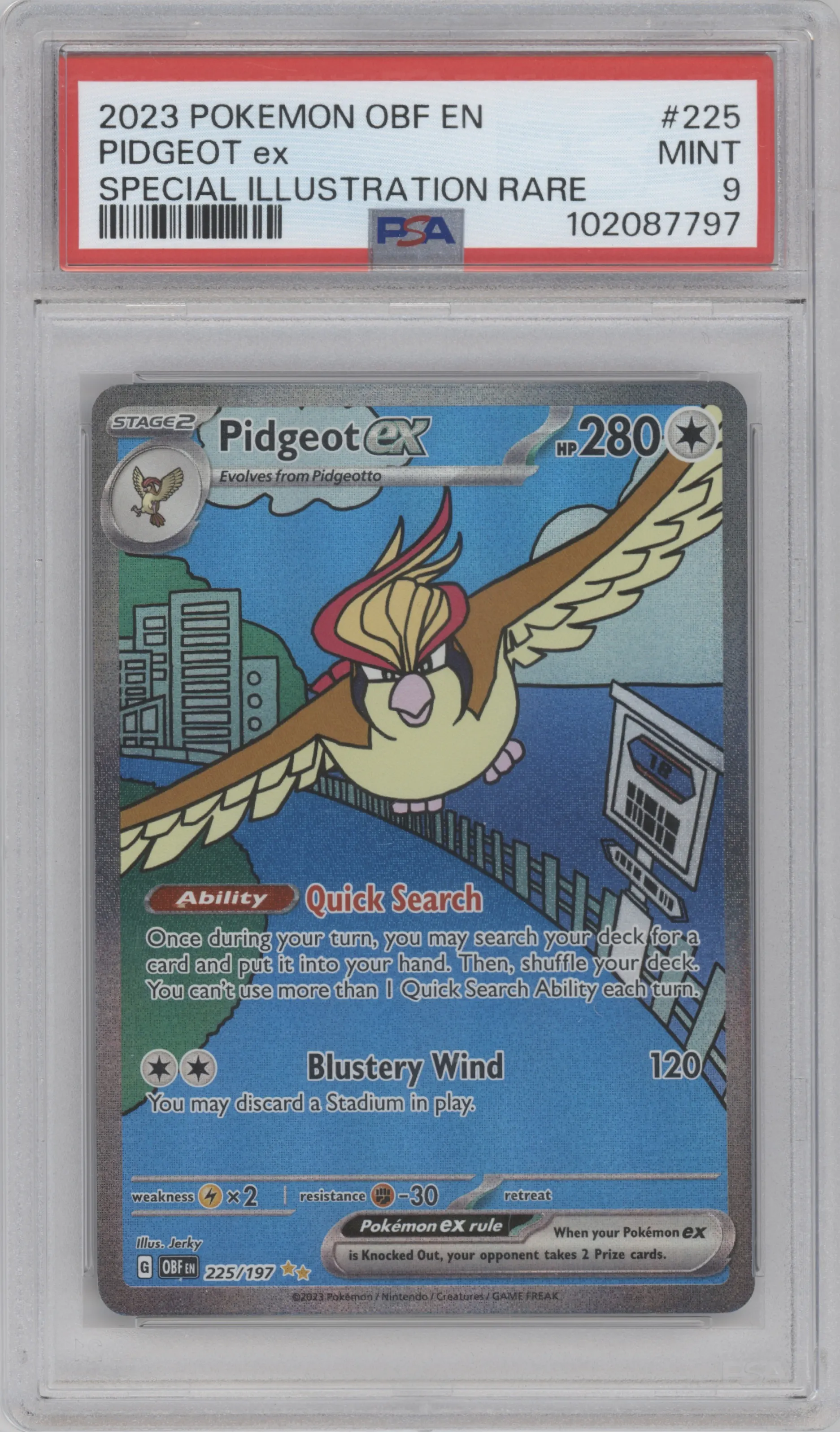 Pidgeot EX from the 2023 Pokemon SV set graded by PSA and given an overall grade of 9.