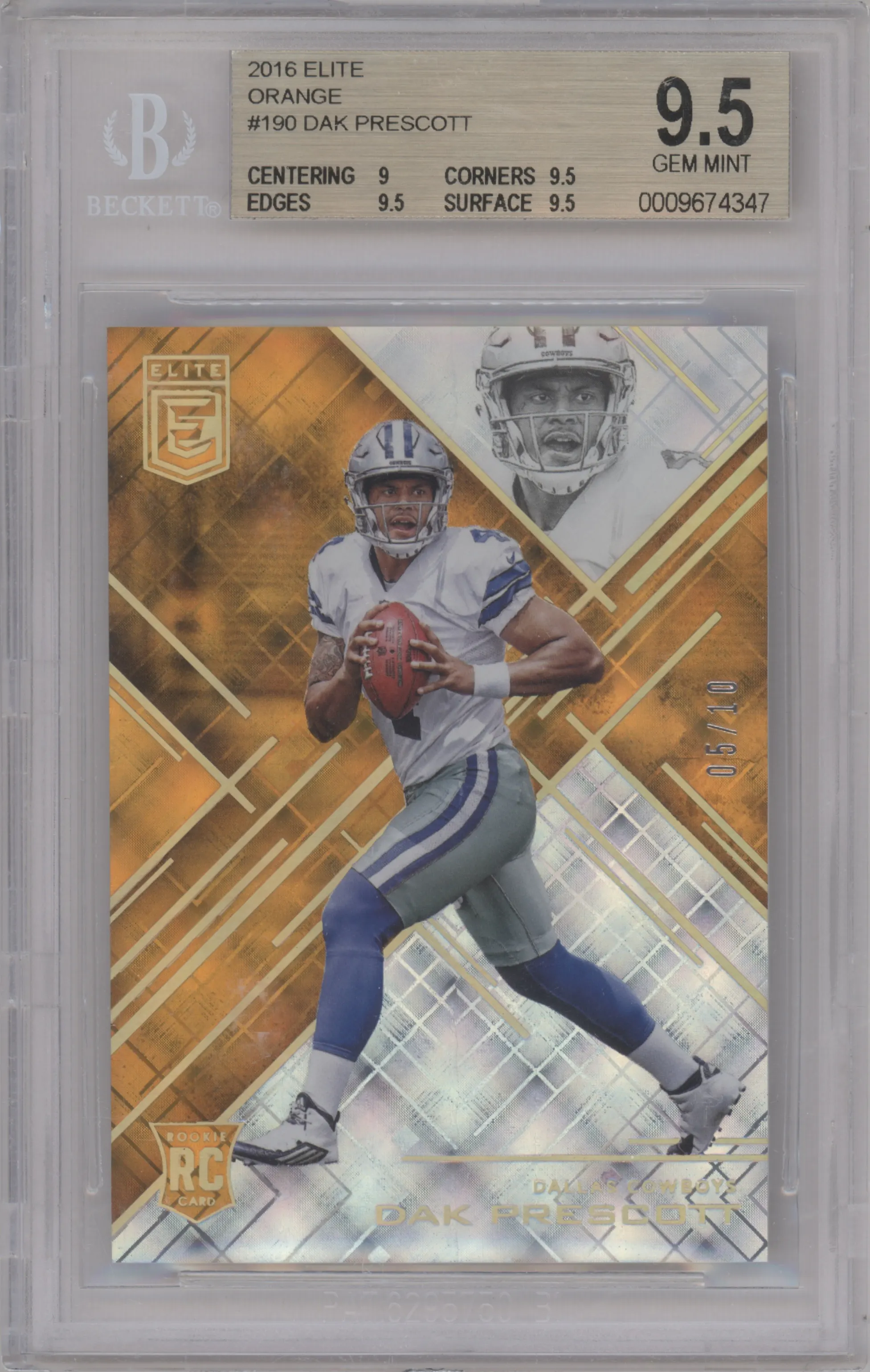 Dak Prescott from the 2016 Panini Donruss Elite set featuring a Orange parallel graded by Beckett and given an overall grade of 9.5.