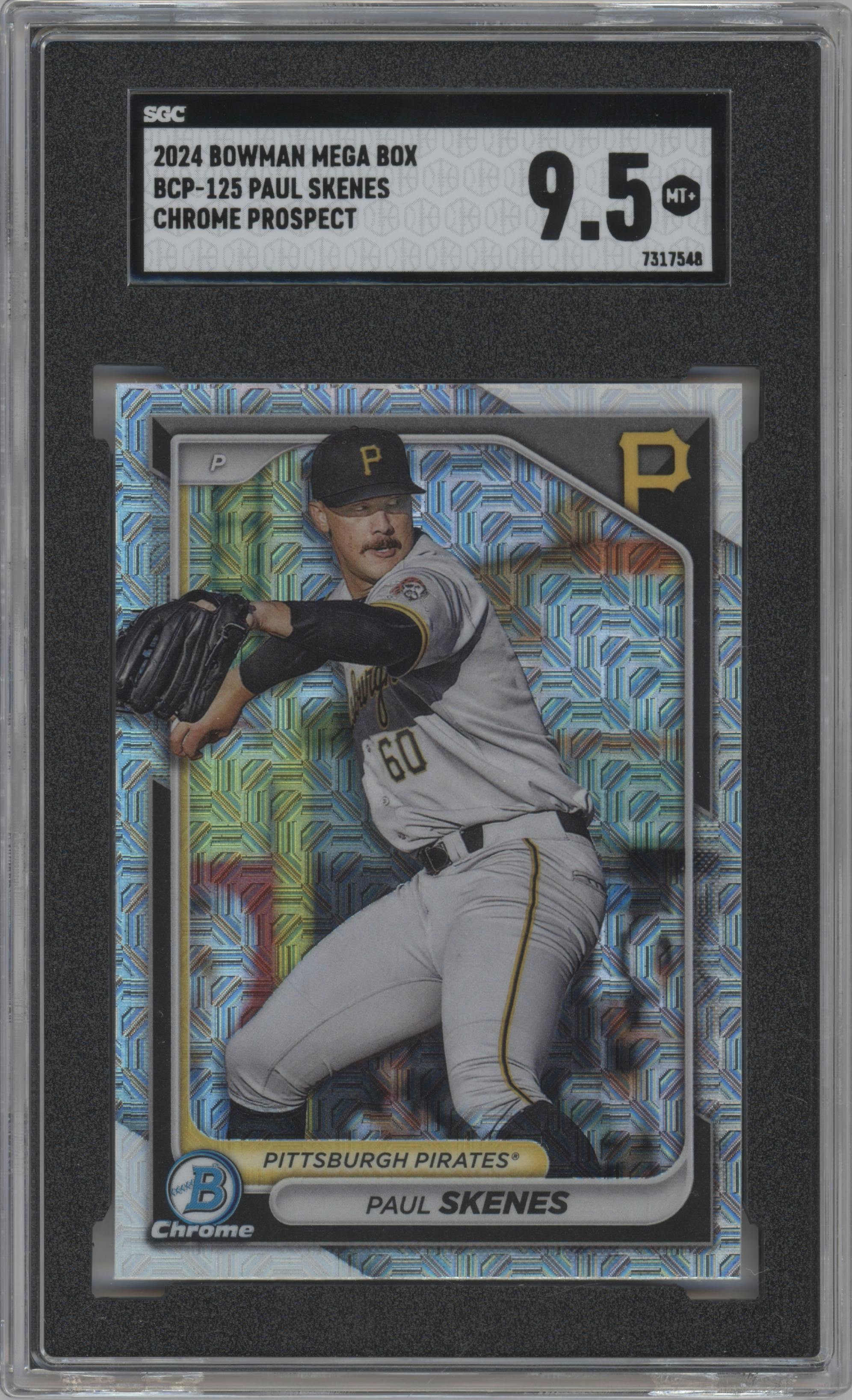 Paul Skenes from the 2024 Bowman Mega Box set graded by SGC and given an overall grade of 9.5.