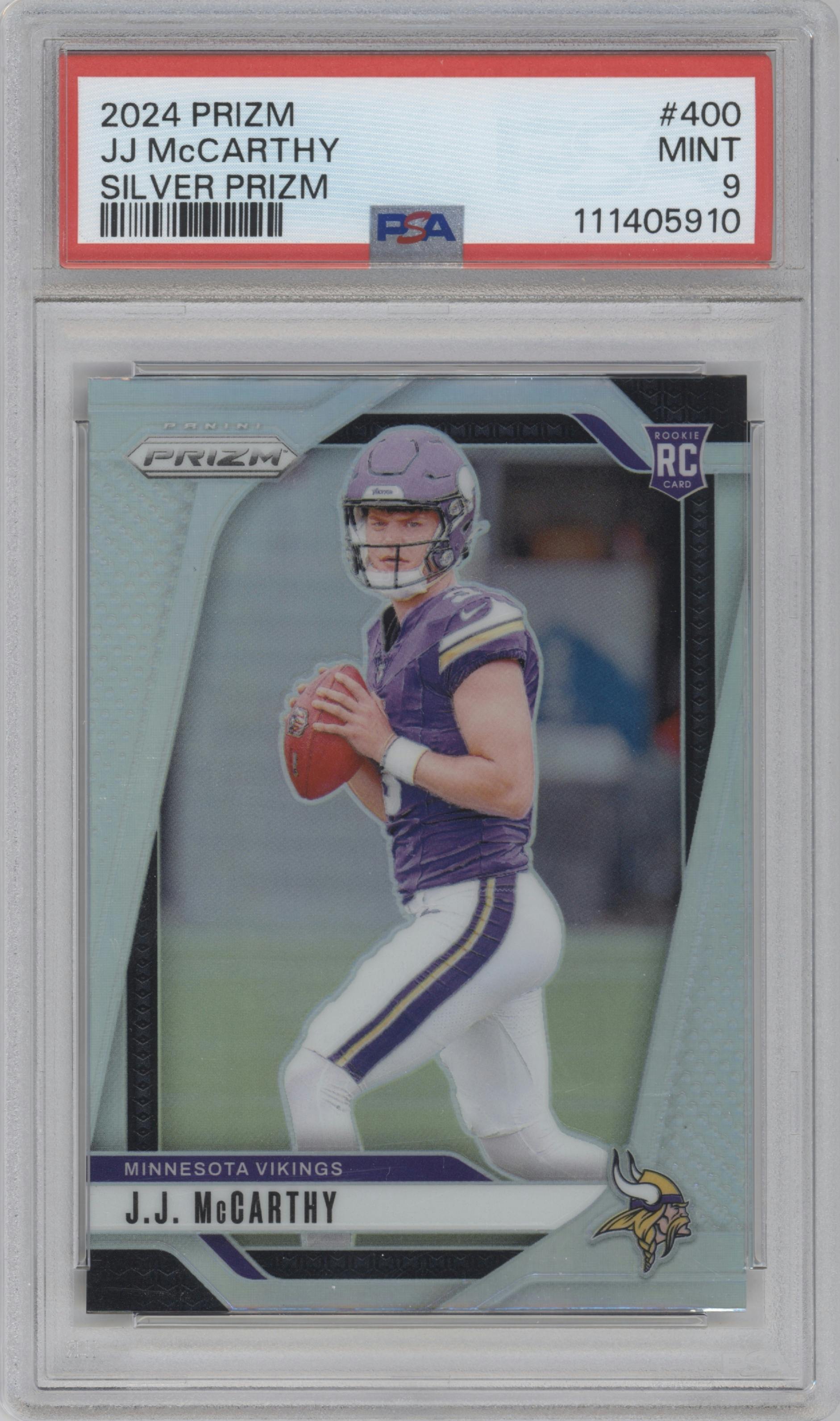 J.J. McCarthy from the 2024 Panini Prizm set featuring a Silver Prizm parallel graded by PSA and given an overall grade of 9.