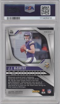 J.J. McCarthy from the 2024 Panini Prizm set featuring a Silver Prizm parallel graded by PSA and given an overall grade of 9.