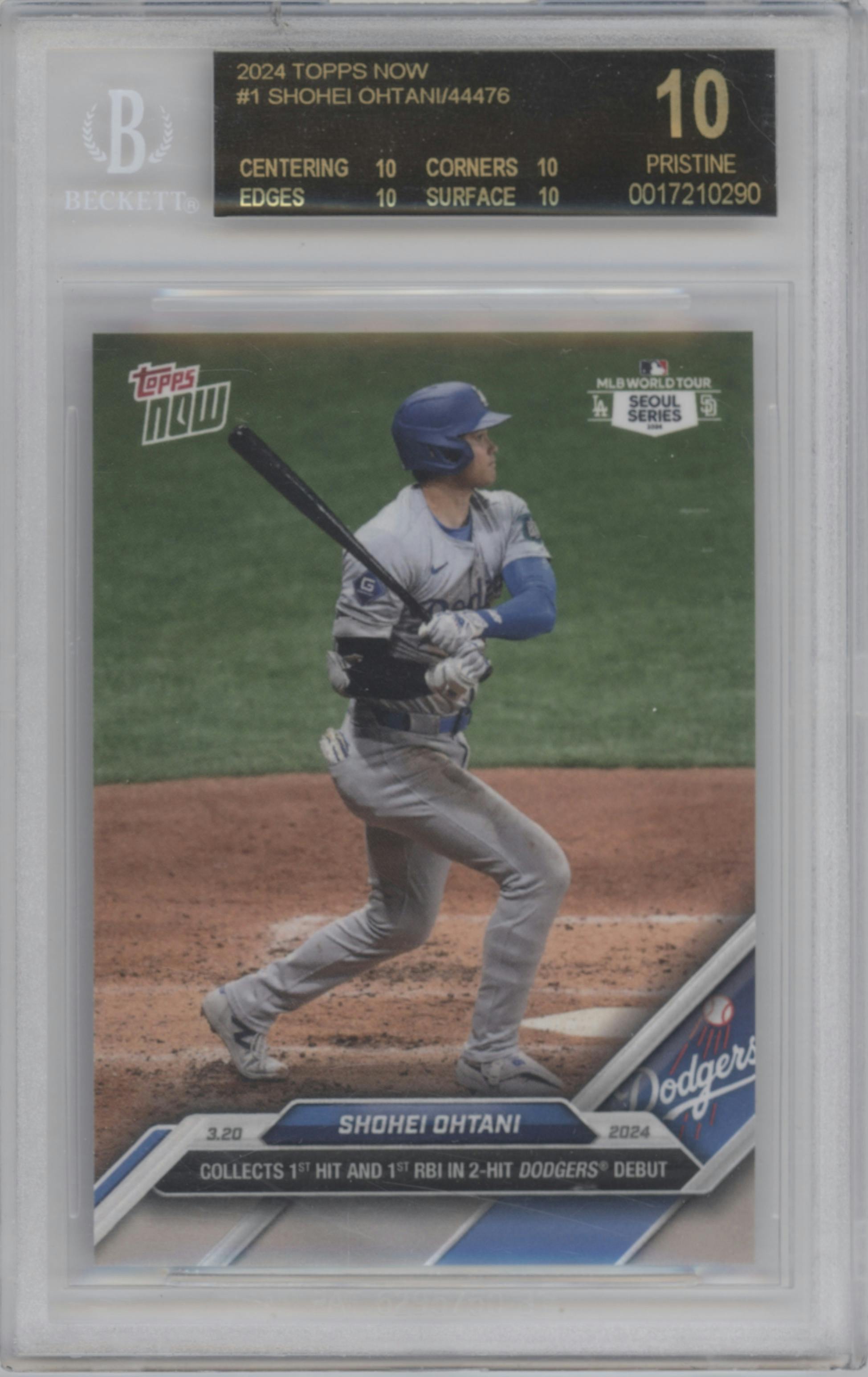 Shohei Ohtani from the 2024 Topps Now set graded by Beckett and given an overall grade of 10.
