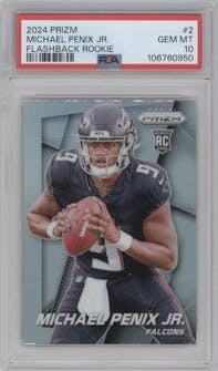 Michael Penix Jr. from the 2024 Panini Prizm set graded by PSA and given an overall grade of 10.