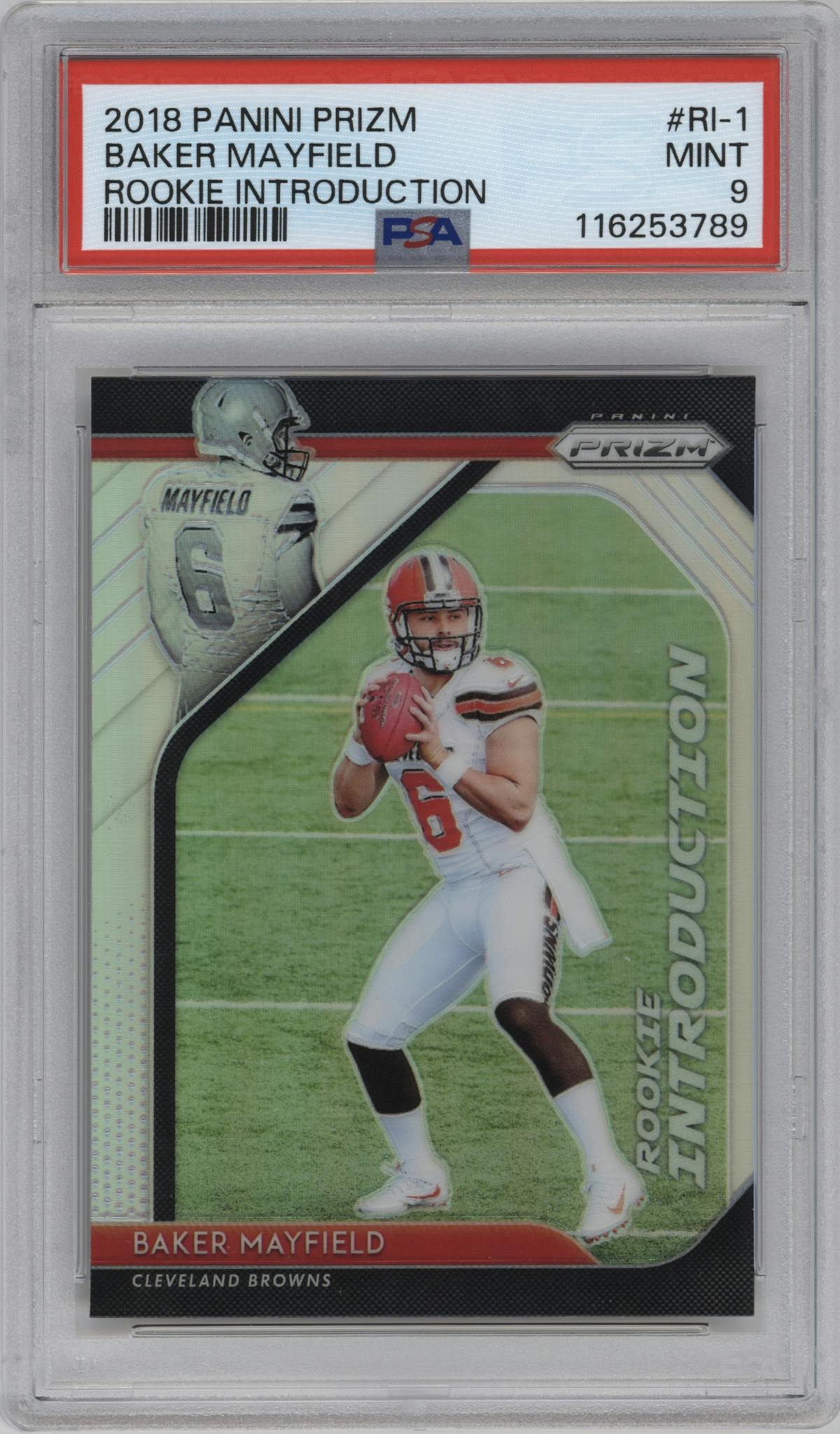Baker Mayfield from the 2018 Panini Prizm set graded by PSA and given an overall grade of 9.