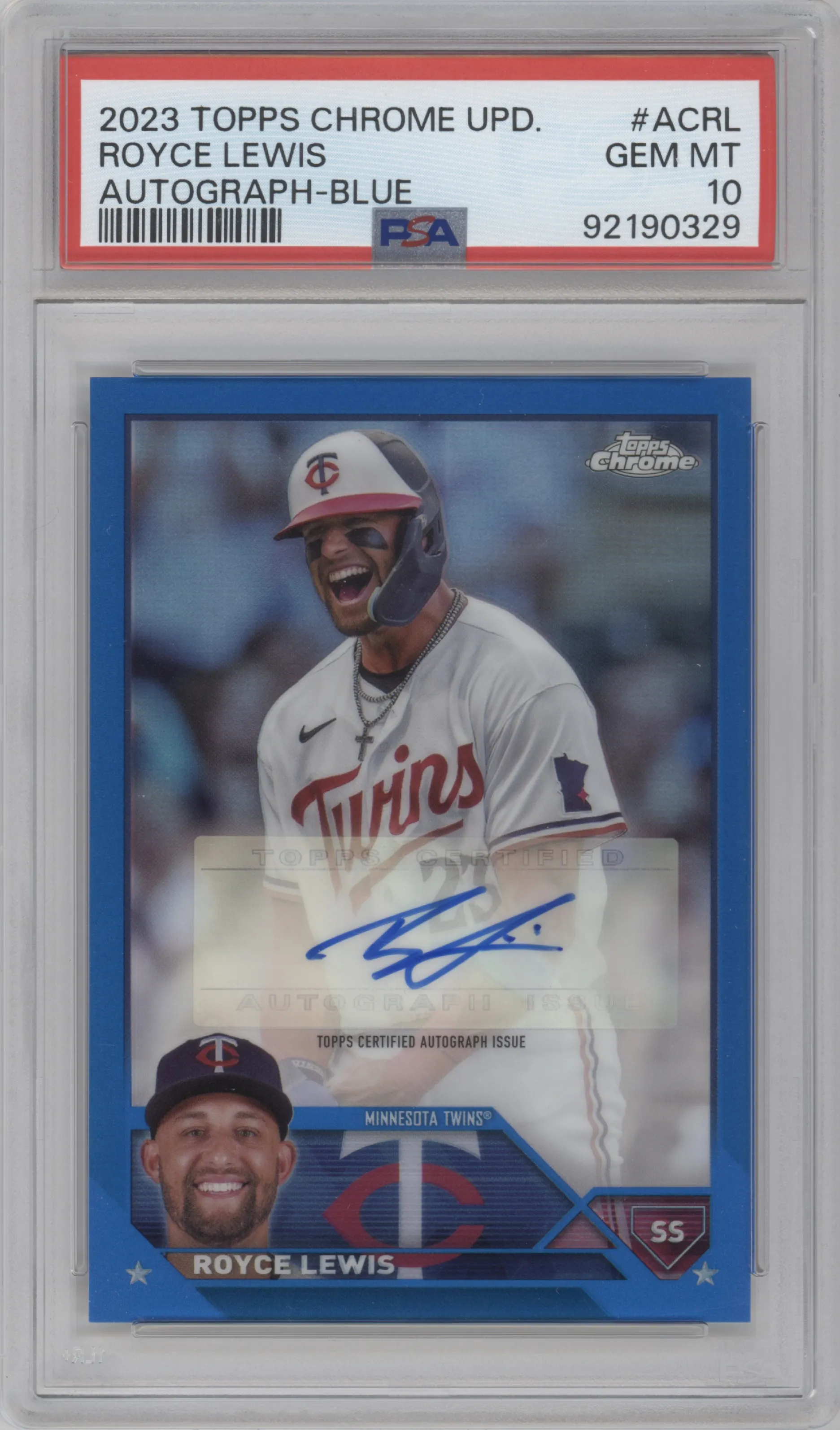Royce Lewis from the 2023 Topps Chrome Update set featuring a Blue Refractor parallel graded by PSA and given an overall grade of 10.