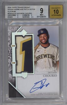 Jackson Chourio  from the 2024 Topps Transcendent Collection set featuring a Platinum parallel graded by Beckett and given an overall grade of 9.