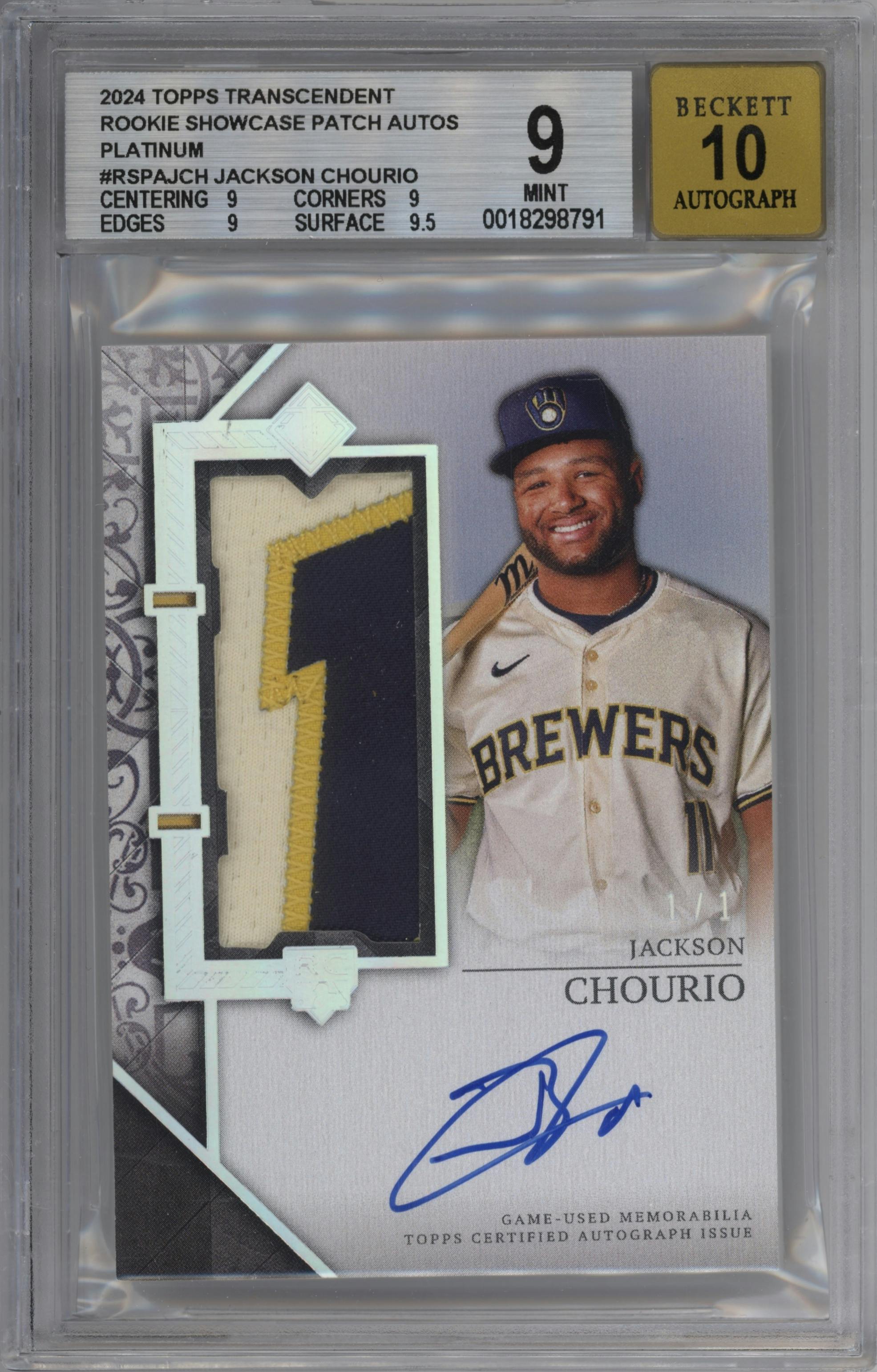 Jackson Chourio  from the 2024 Topps Transcendent Collection set featuring a Platinum parallel graded by Beckett and given an overall grade of 9.