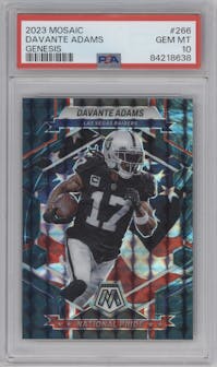 Davante Adams from the 2023 Panini Mosaic set featuring a  Genesis parallel graded by PSA and given an overall grade of 10.