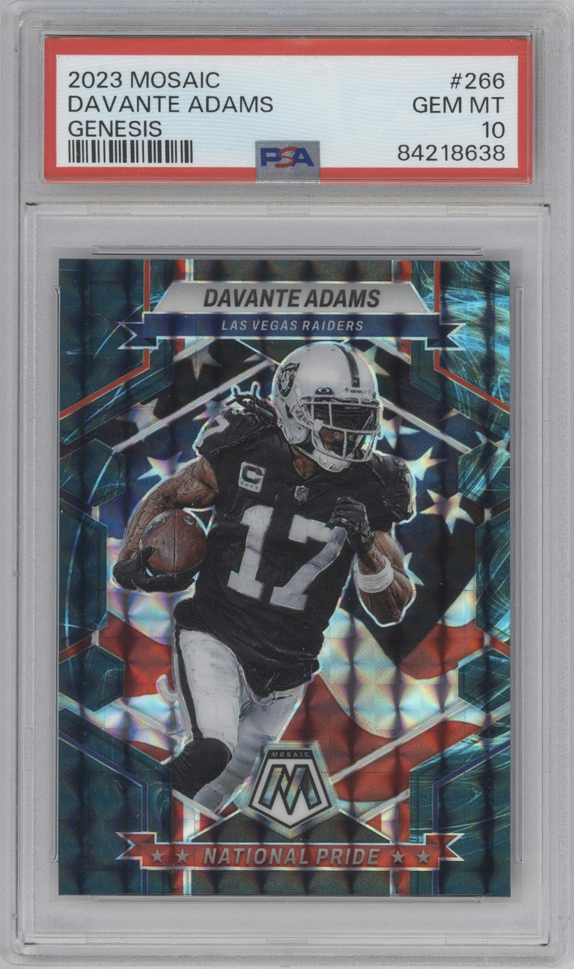 Davante Adams from the 2023 Panini Mosaic set featuring a  Genesis parallel graded by PSA and given an overall grade of 10.