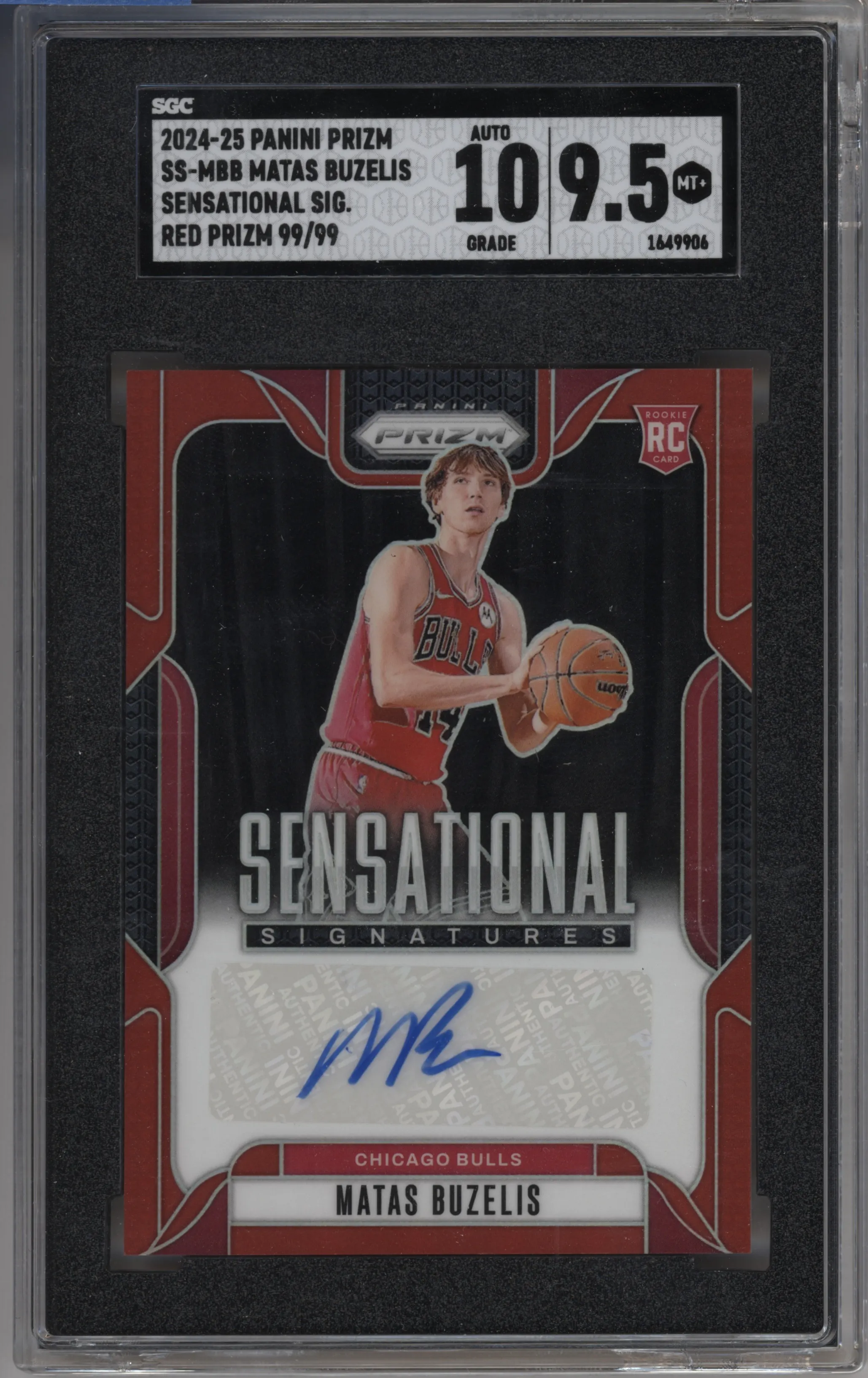 Matas Buzelis from the 2024-25 Panini Prizm set featuring a Red Prizm parallel graded by SGC and given an overall grade of 9.5.
