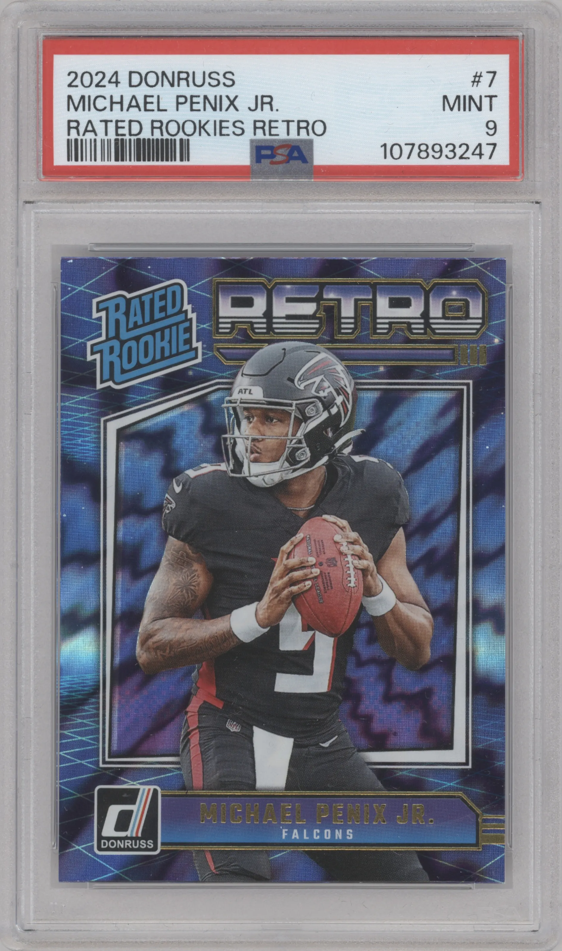 Michael Penix Jr. from the 2024 Donruss set graded by PSA and given an overall grade of 9.
