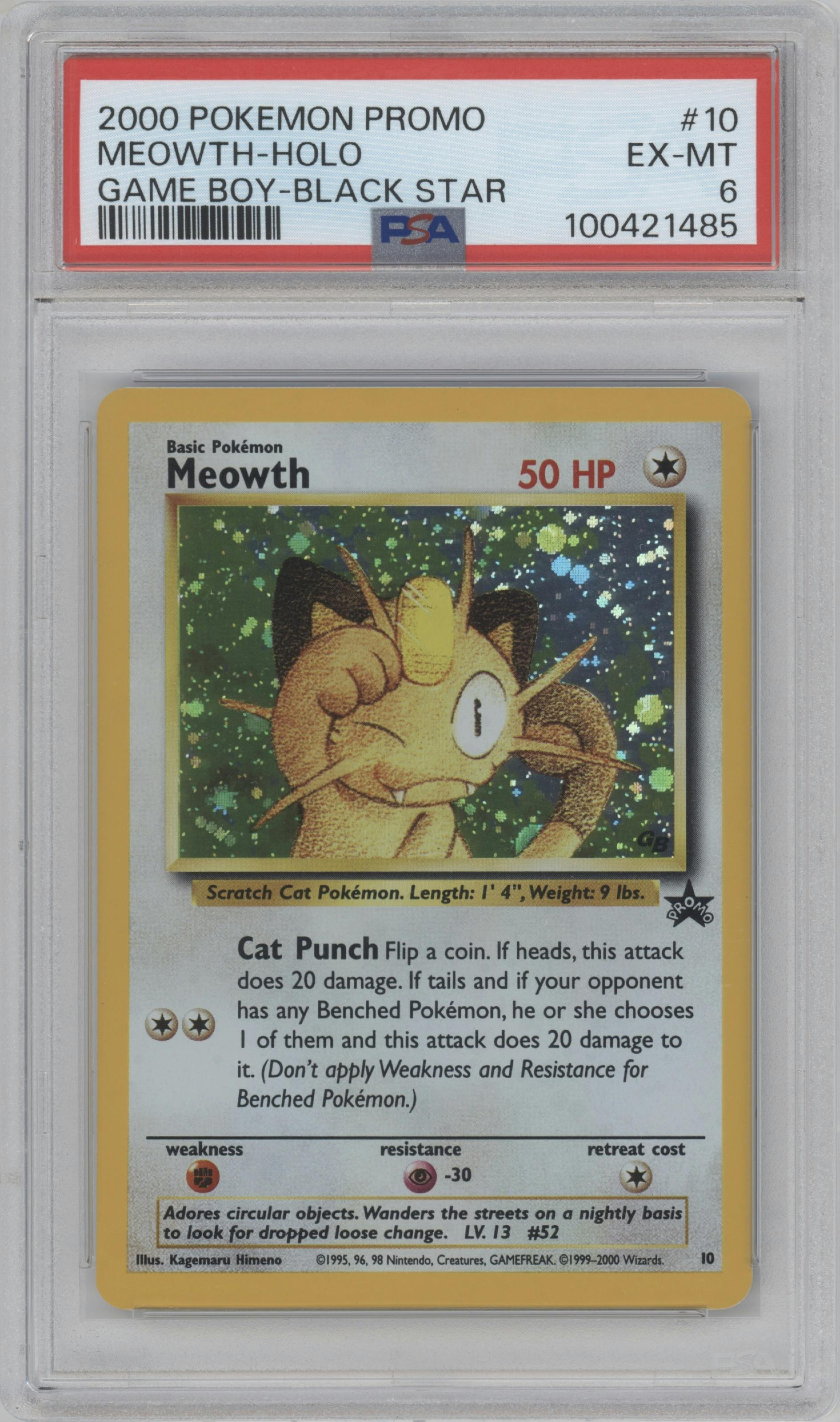 Meowth from the 2000 Pokemon set featuring a Trading Card Game (Game Boy) parallel graded by PSA and given an overall grade of 6.